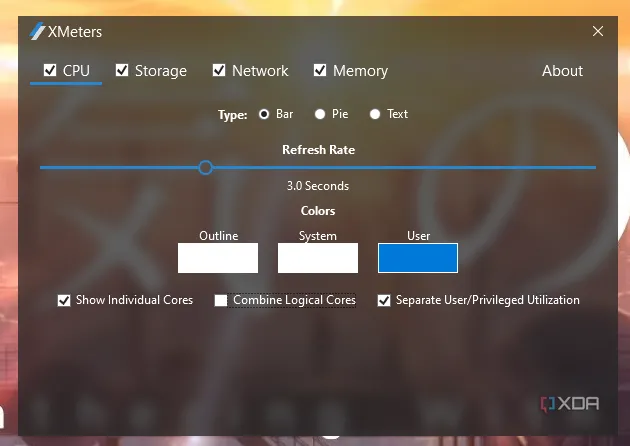 Giao diện ứng dụng XMeters hiển thị thông số CPU, RAM, ổ đĩa trên thanh tác vụ Windows