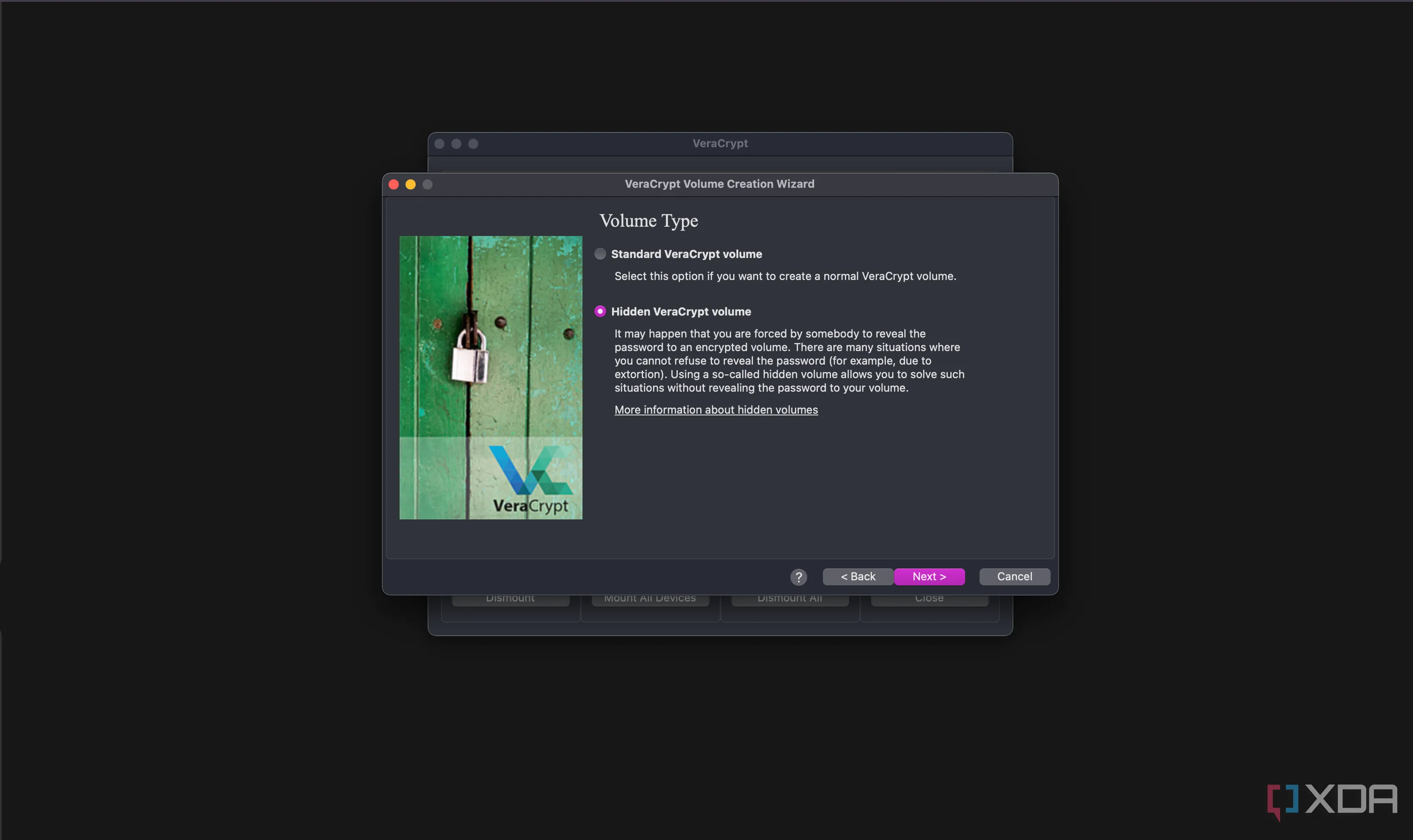 Giao diện VeraCrypt hiển thị các tùy chọn tạo volume ẩn