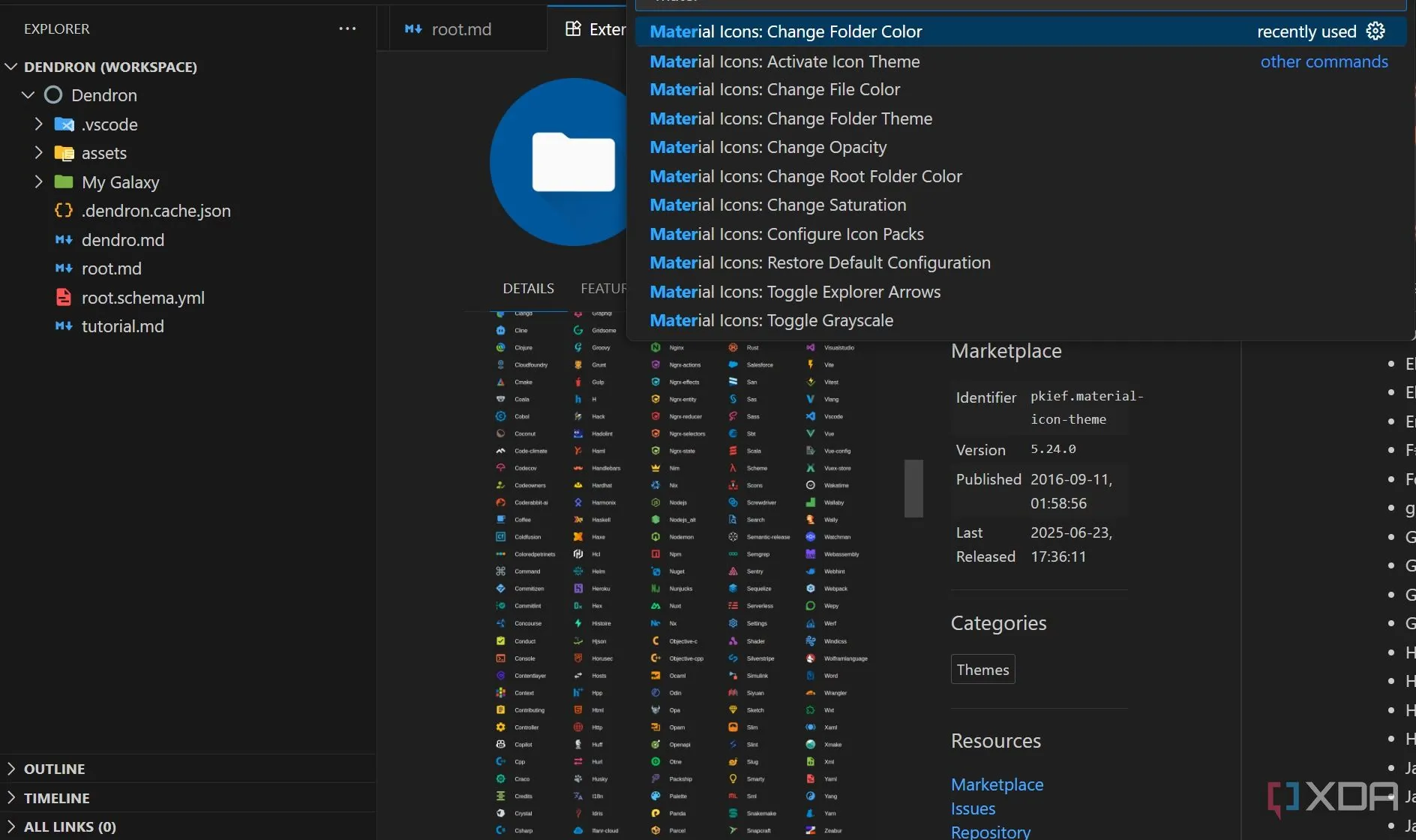 Giao diện VS Code được tùy chỉnh với Material Icon Theme, hiển thị các biểu tượng màu sắc trực quan cho từng loại file và ngôn ngữ lập trình.