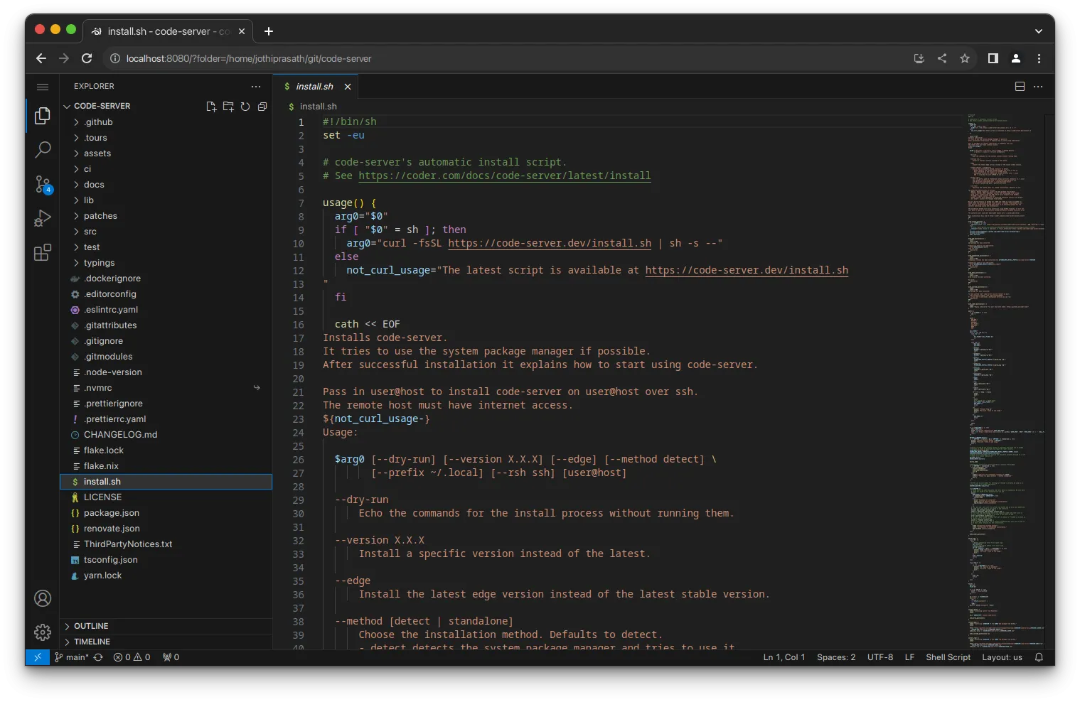 Giao diện VS Code Server đang chạy dưới dạng Docker container, minh họa môi trường phát triển code trực tuyến qua trình duyệt.