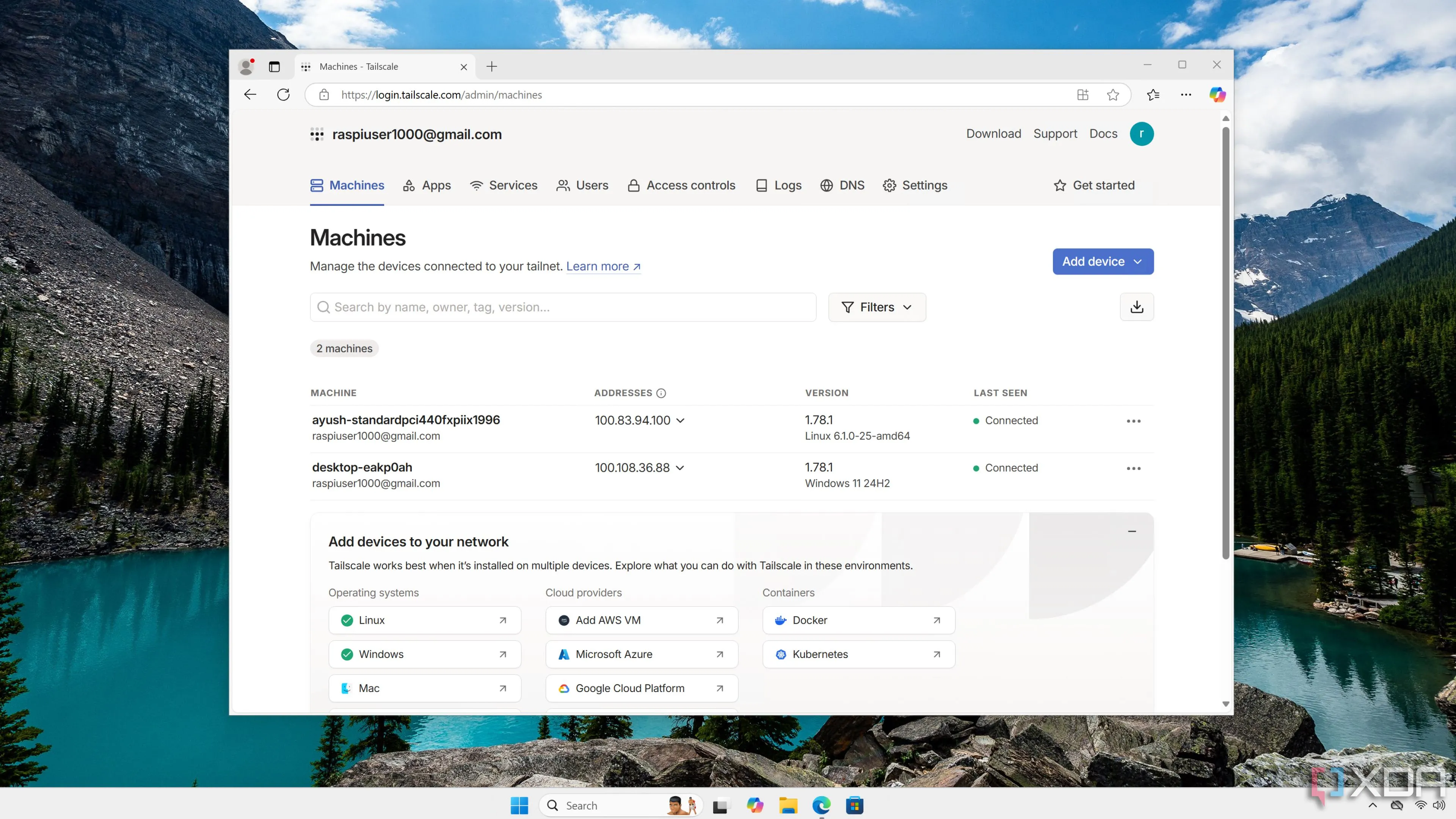 Giao diện web của Tailscale, công cụ VPN mesh giúp truy cập từ xa vào File Browser trên Raspberry Pi