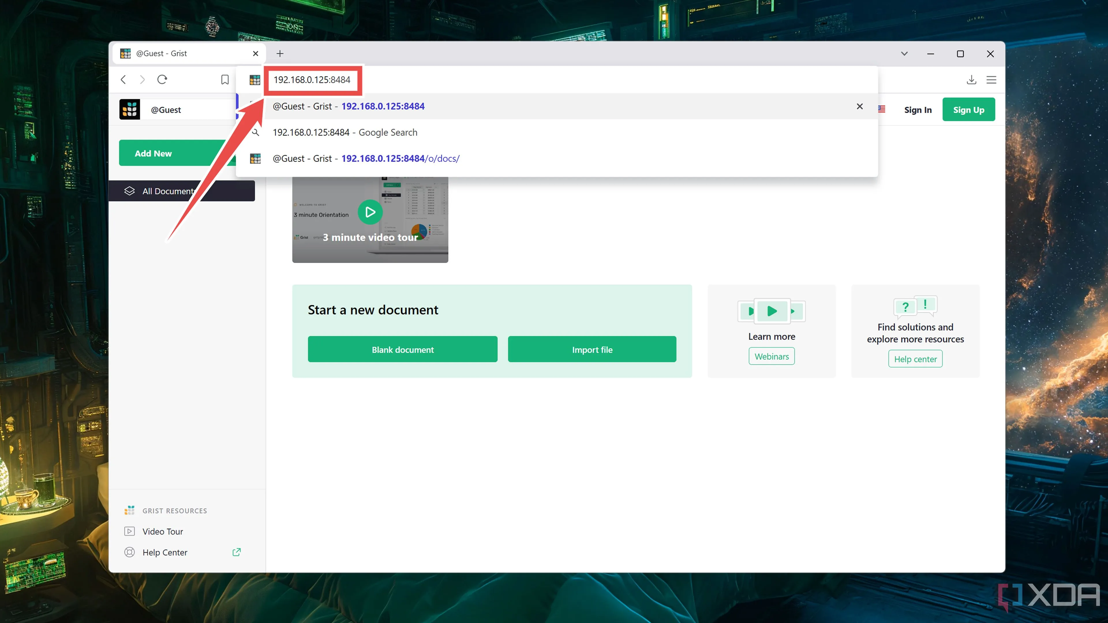 Giao diện web Grist đang hoạt động trên trình duyệt, truy cập qua địa chỉ IP mạng nội bộ