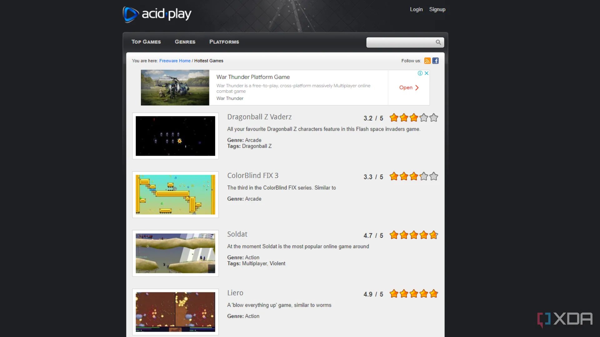 Giao diện website Acid Play hiển thị các game freeware