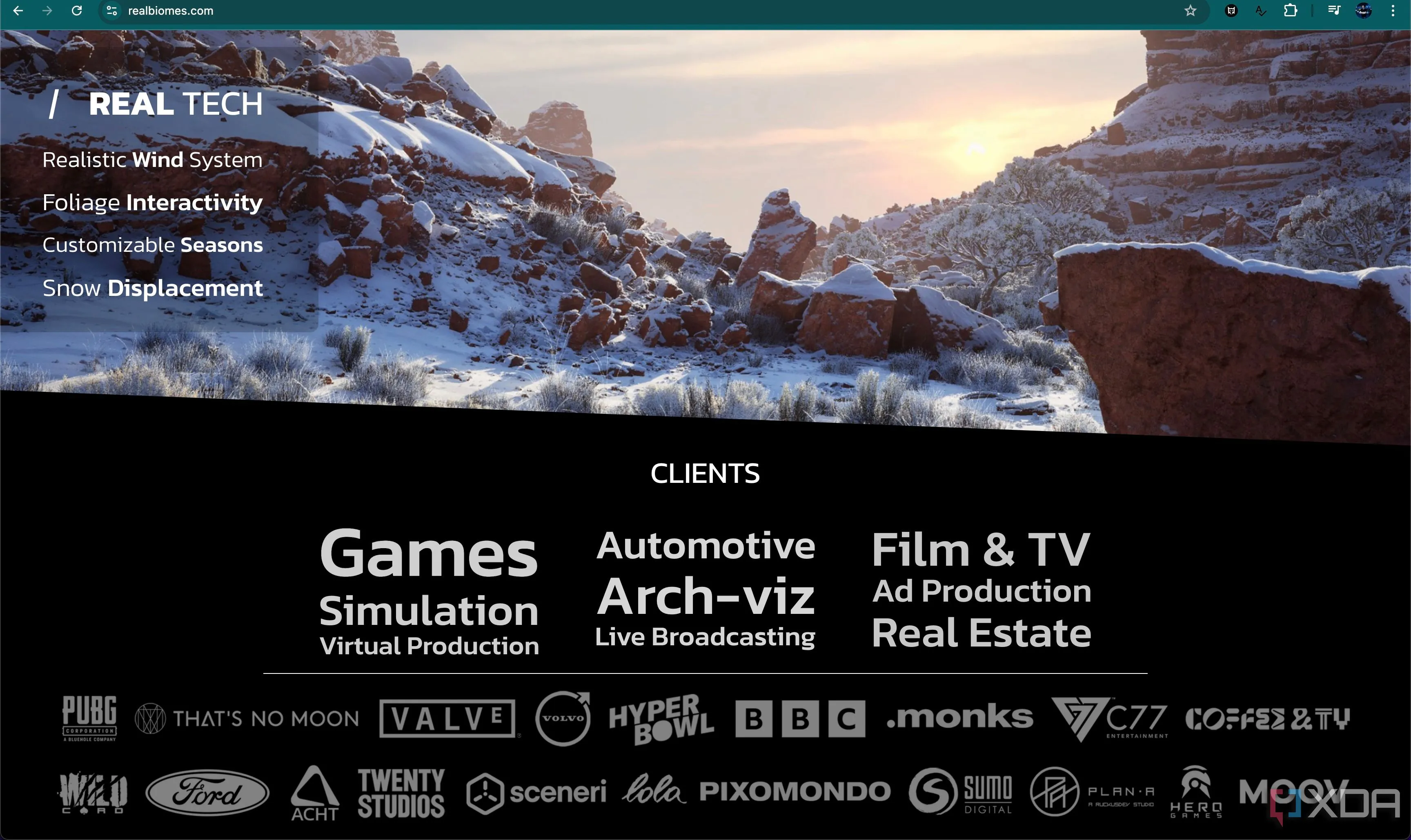 Giao diện website RealBiomes hiển thị logo Valve là khách hàng, gợi ý về công nghệ thiết kế cấp độ procedural cho Half-Life 3