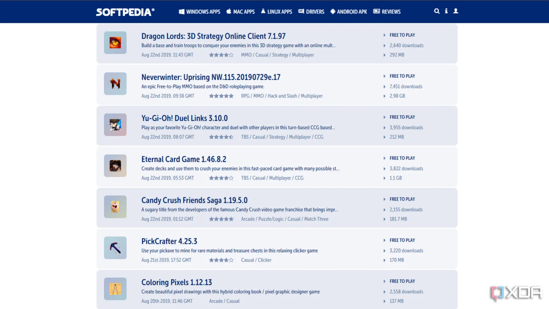 Giao diện website Softpedia hiển thị mục game miễn phí
