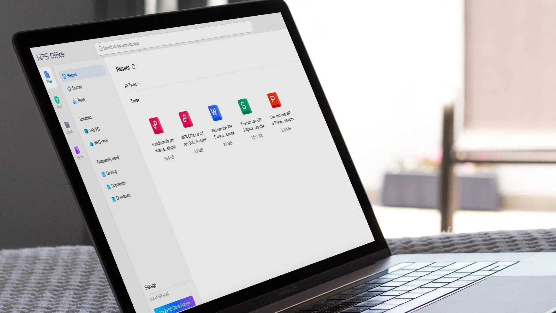 Giao diện WPS Office trên máy tính, thể hiện các tính năng như tài liệu, bảng tính và trình chiếu trong một ứng dụng