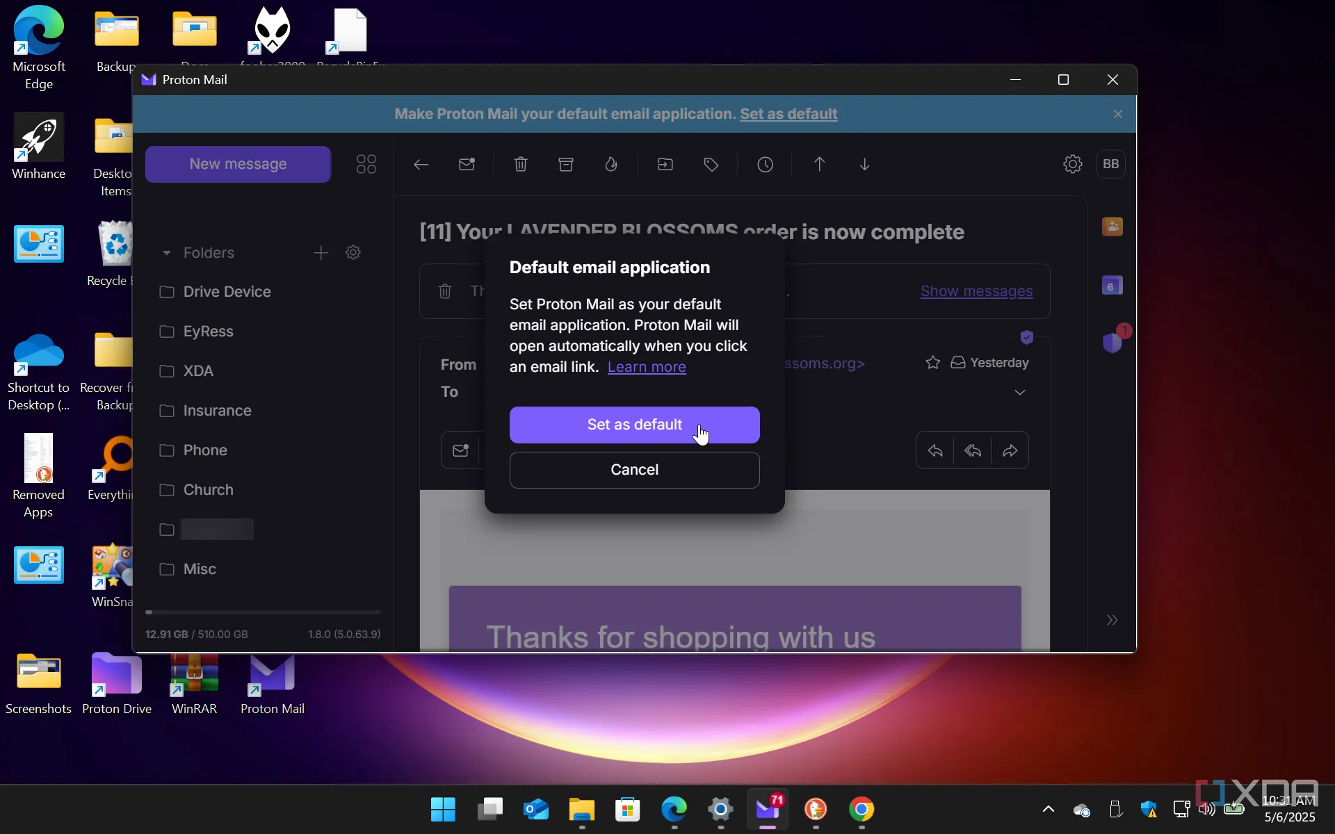 Giao diện xác minh để đặt Proton Mail làm ứng dụng email mặc định trên Windows, thể hiện sự dễ dàng tích hợp dịch vụ bảo mật
