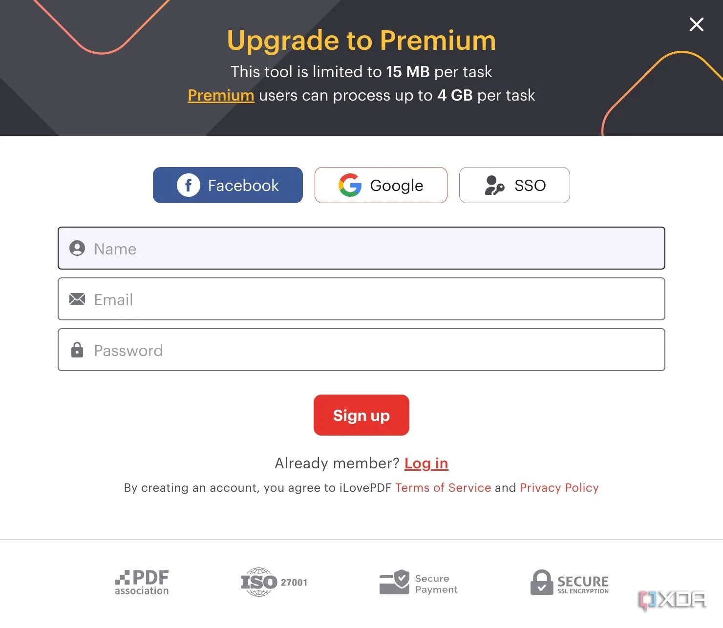 Giao diện yêu cầu nâng cấp lên gói Premium của iLovePDF