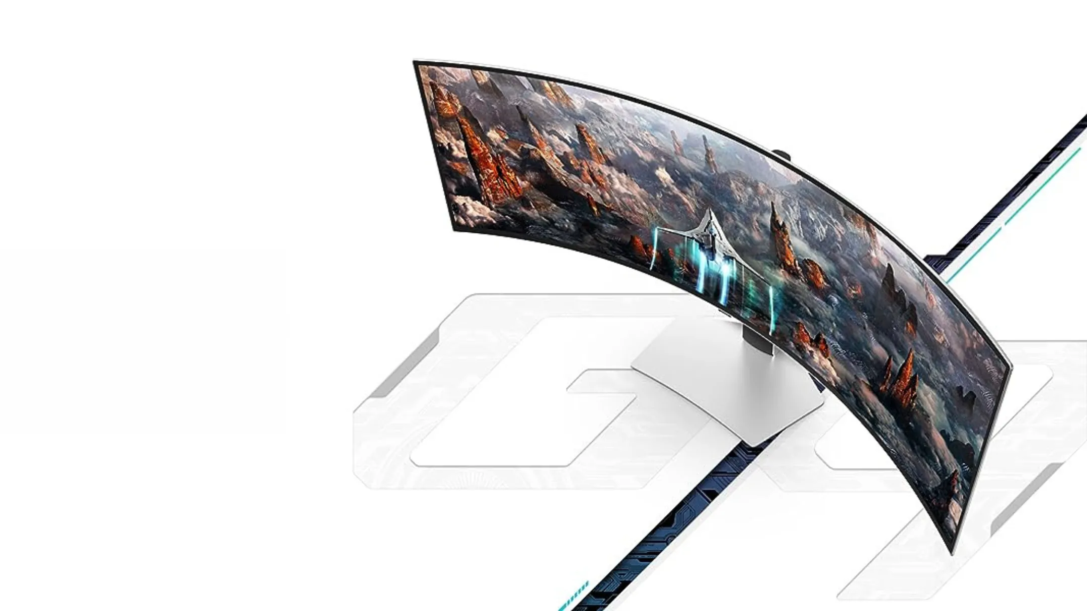 Góc làm việc và giải trí ấn tượng với màn hình Samsung Odyssey OLED 49 inch G93SC trên bàn.