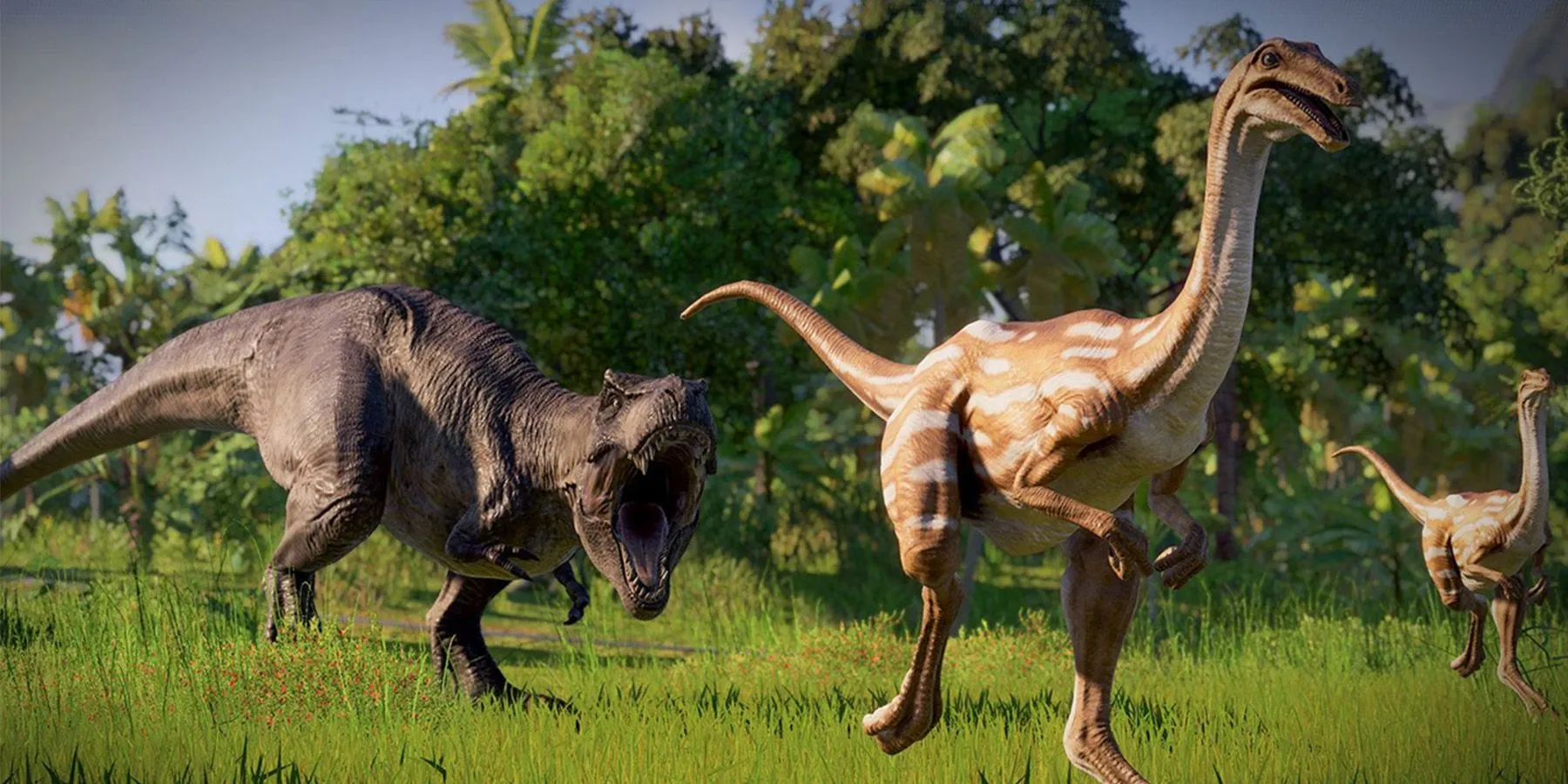 Góc nhìn từ trên cao cho thấy khu vực nuôi nhốt khủng long phức tạp trong Jurassic World Evolution 2 với nhiều loài khác nhau