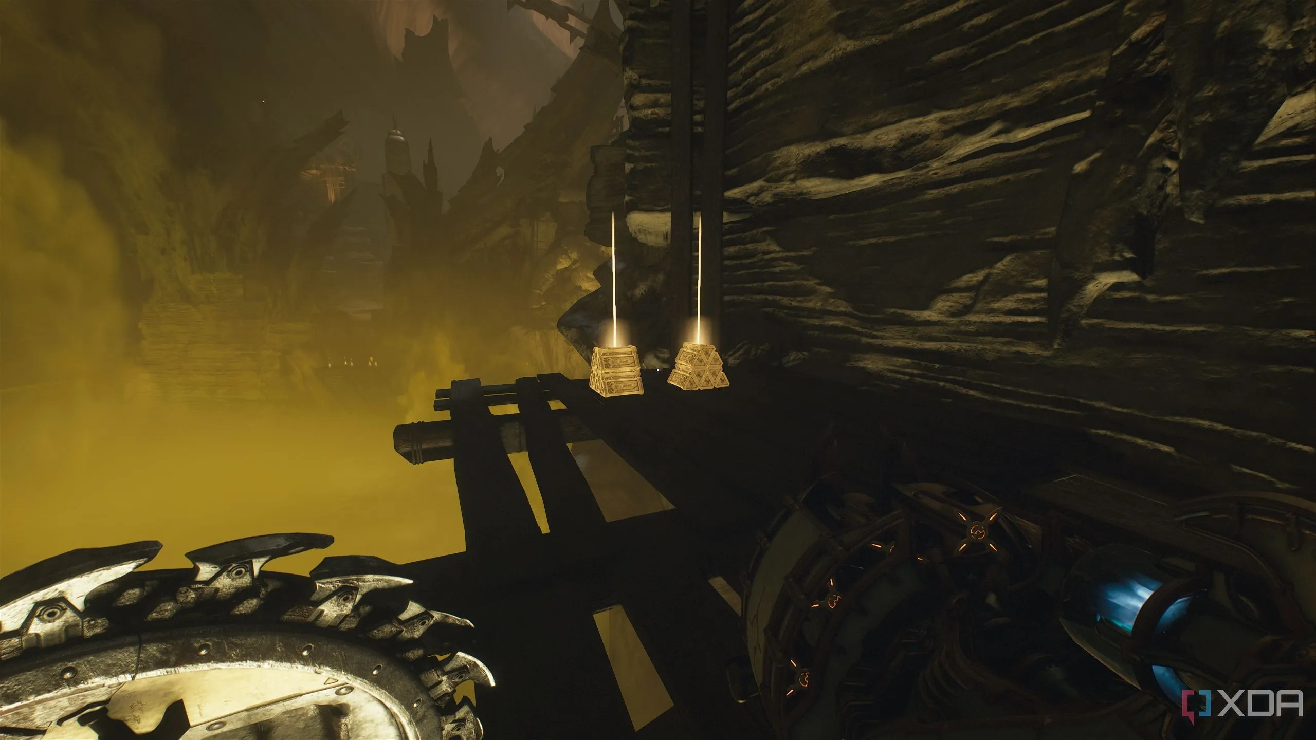 Hai cọc vàng trên bệ gỗ trong Doom The Dark Ages