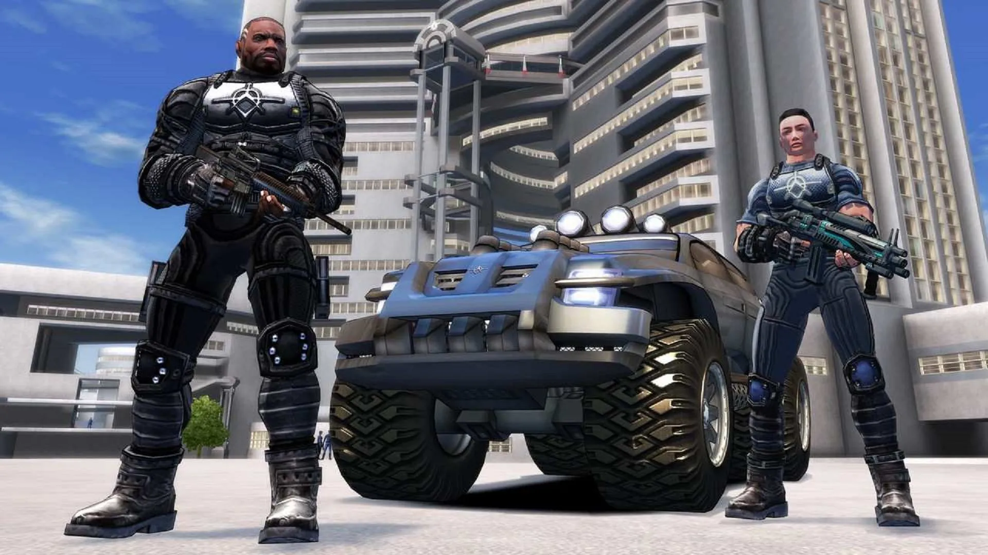 Hai đặc vụ Agency đứng cạnh chiếc xe tải trong thế giới mở đầy hành động của game Crackdown