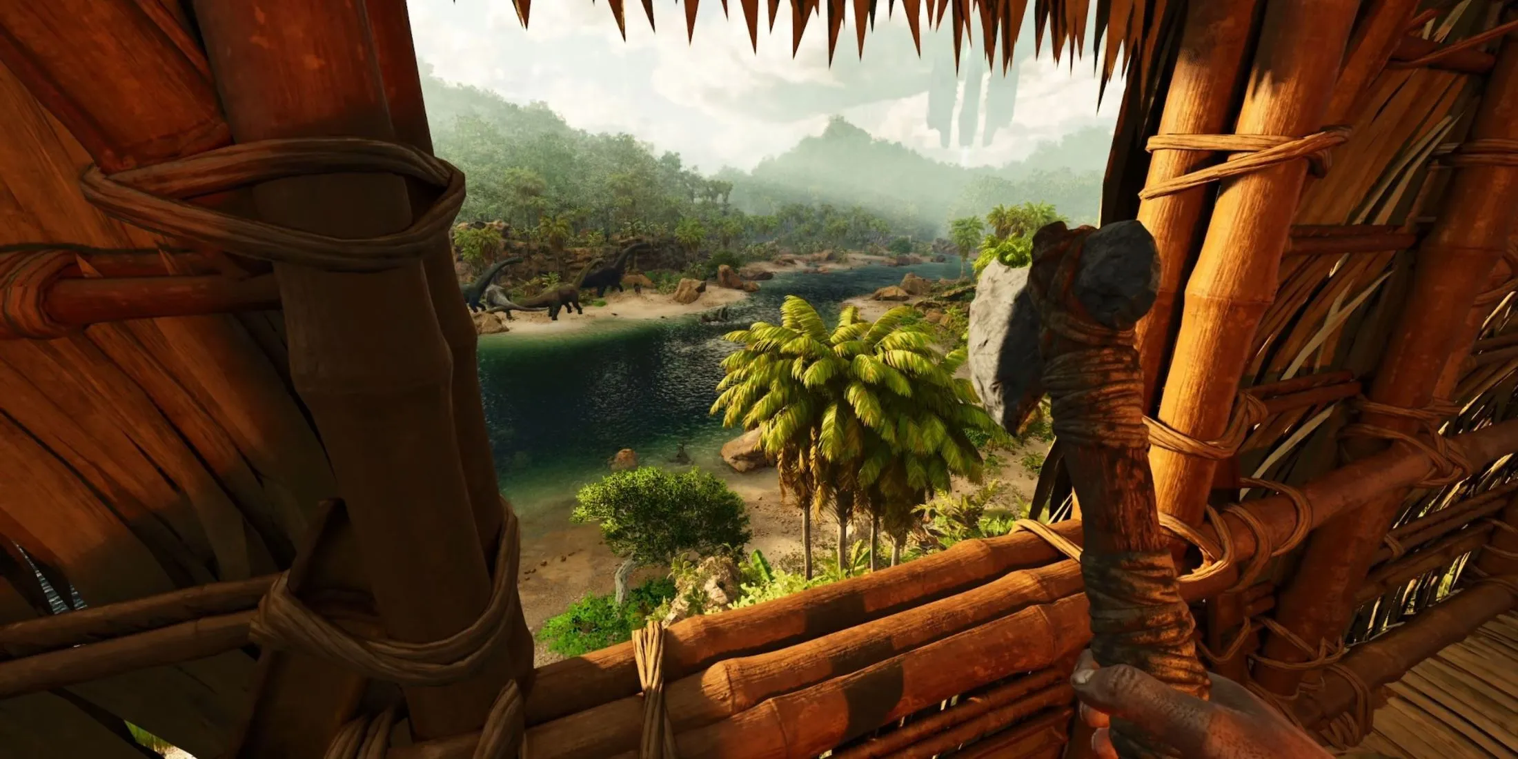 Hai khủng long chiến đấu cạnh hồ nước trong Ark Survival Ascended