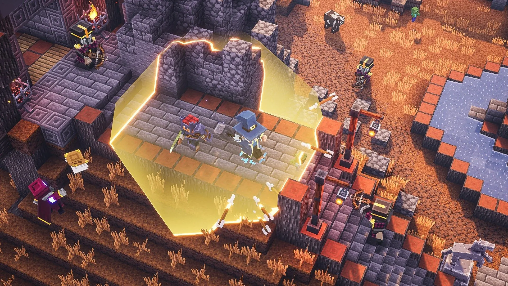Hai người chơi phiêu lưu qua ngục tối lâu đài trong game Minecraft Dungeons