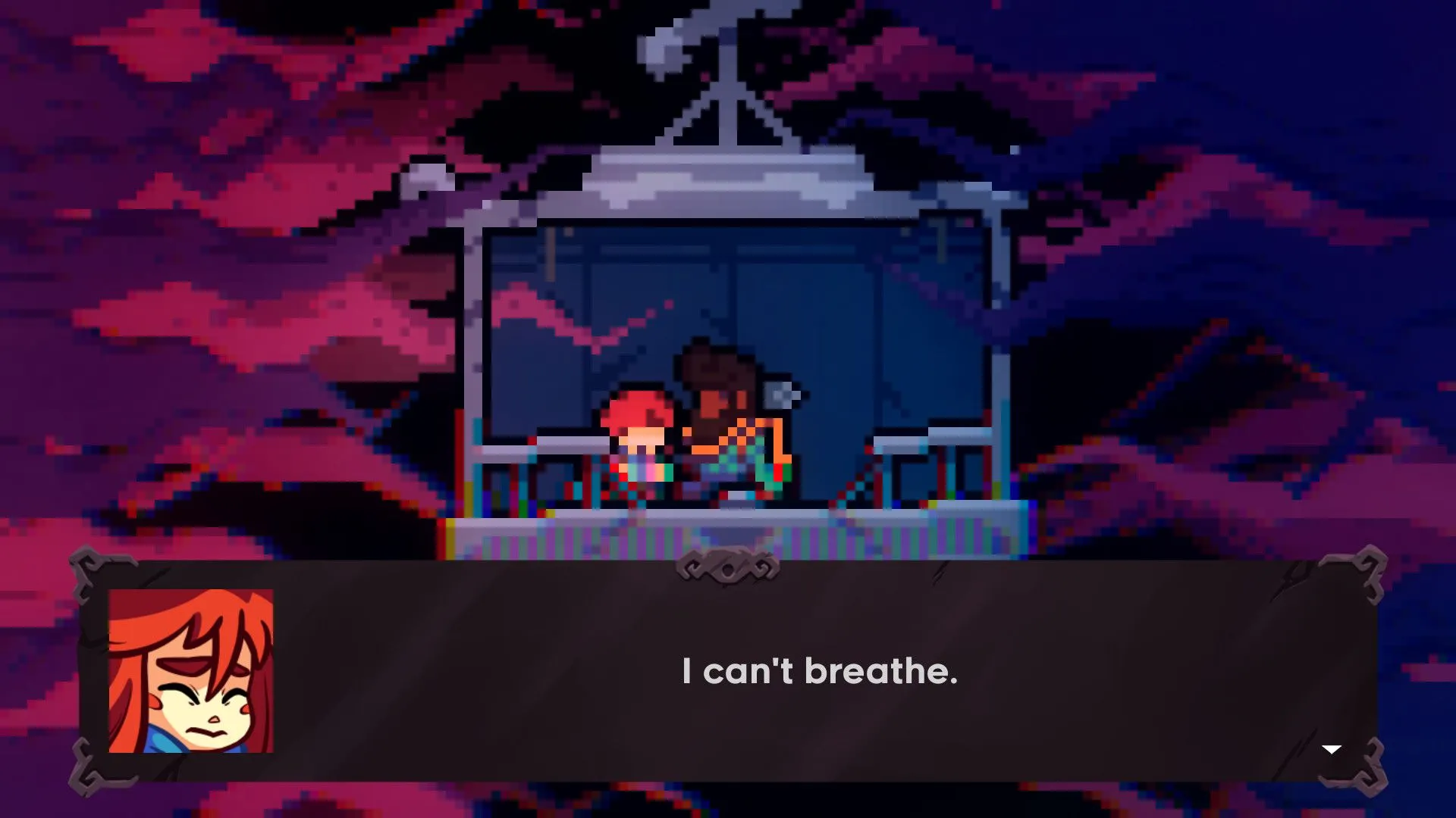 Hai nhân vật ngồi trong cáp treo trò chuyện, với lời thoại hiển thị trong game Celeste.