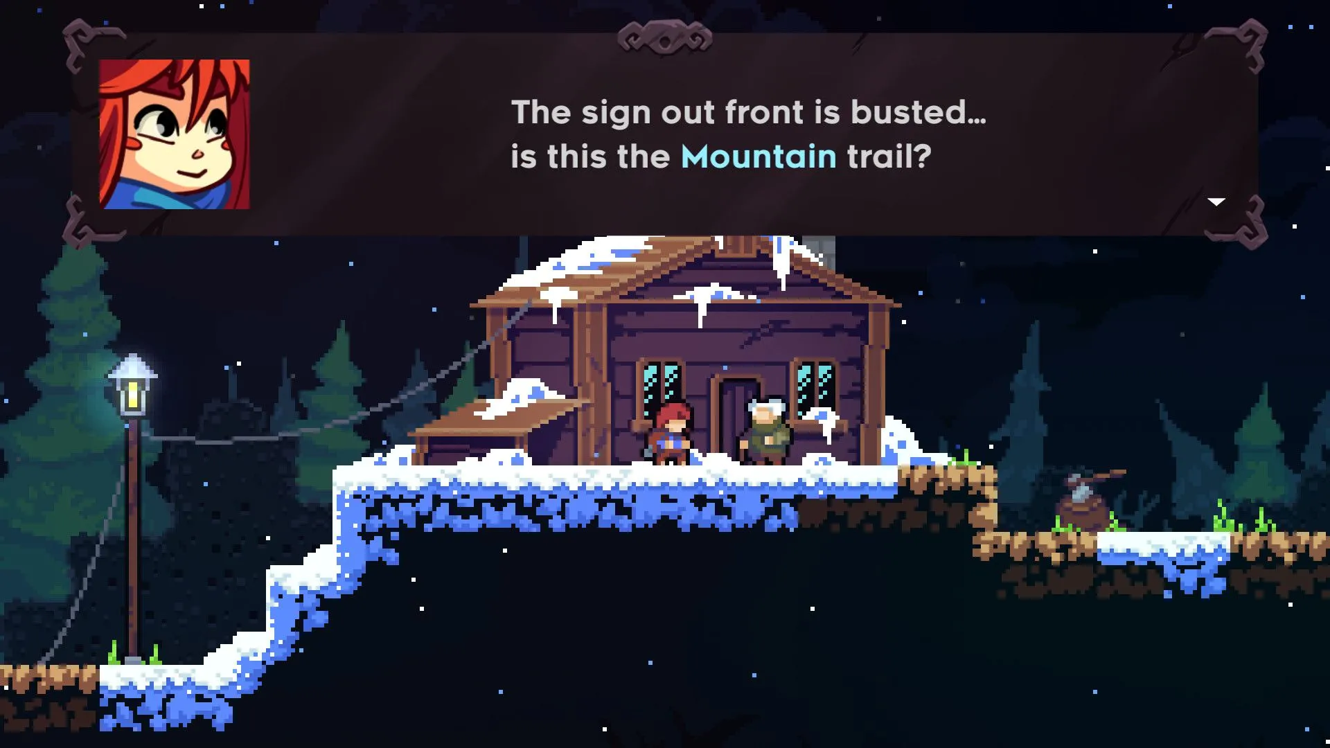 Hai nhân vật trong game Celeste đang trò chuyện bên trong căn nhà gỗ ấm cúng giữa khung cảnh tuyết trắng, minh họa yếu tố kể chuyện tương tác của game.