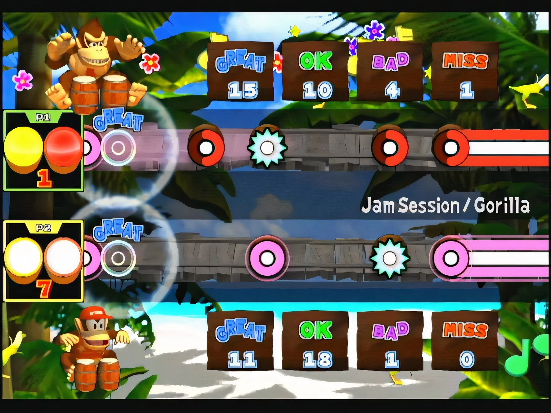 Hai tay cầm DK Bongo màu đỏ và vàng kết nối với Nintendo GameCube