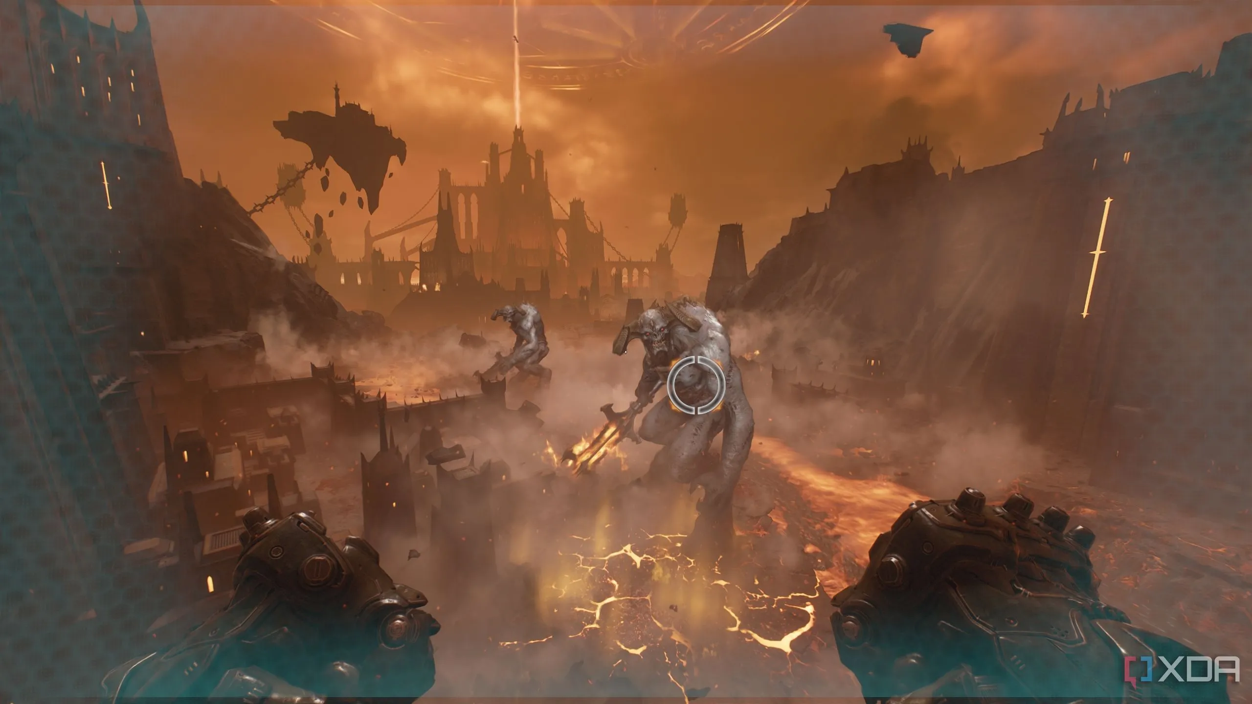 Hai Titan đứng thẳng hàng, tạo cơ hội lý tưởng cho cú Stomp kép của Slayer trong Doom The Dark Ages