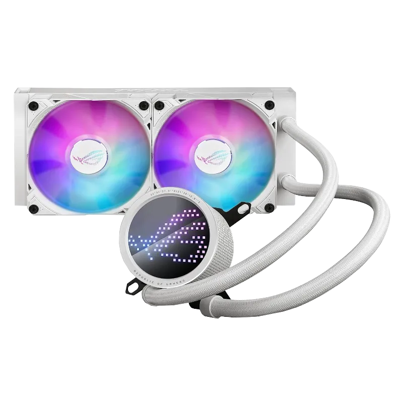 Hệ thống tản nhiệt nước AIO Asus ROG Ryuo III 240 ARGB với block CPU có màn hình hiển thị và hai quạt tản nhiệt RGB