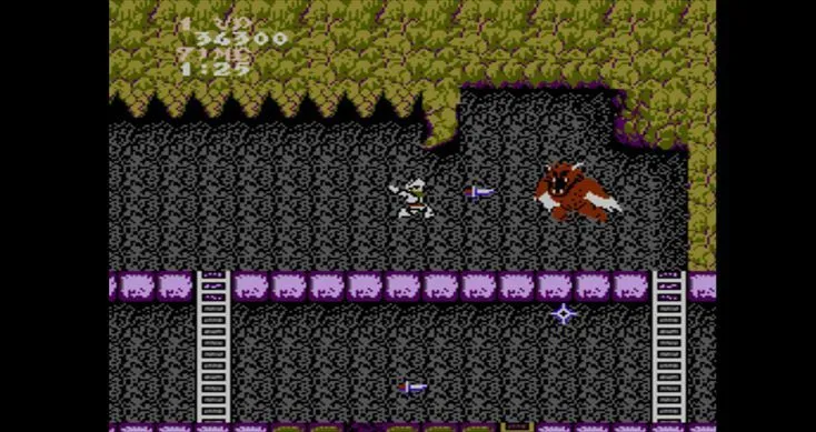 Hiệp sĩ Arthur trong cảnh chiến đấu giữa lâu đài trong Ghosts 'n Goblins