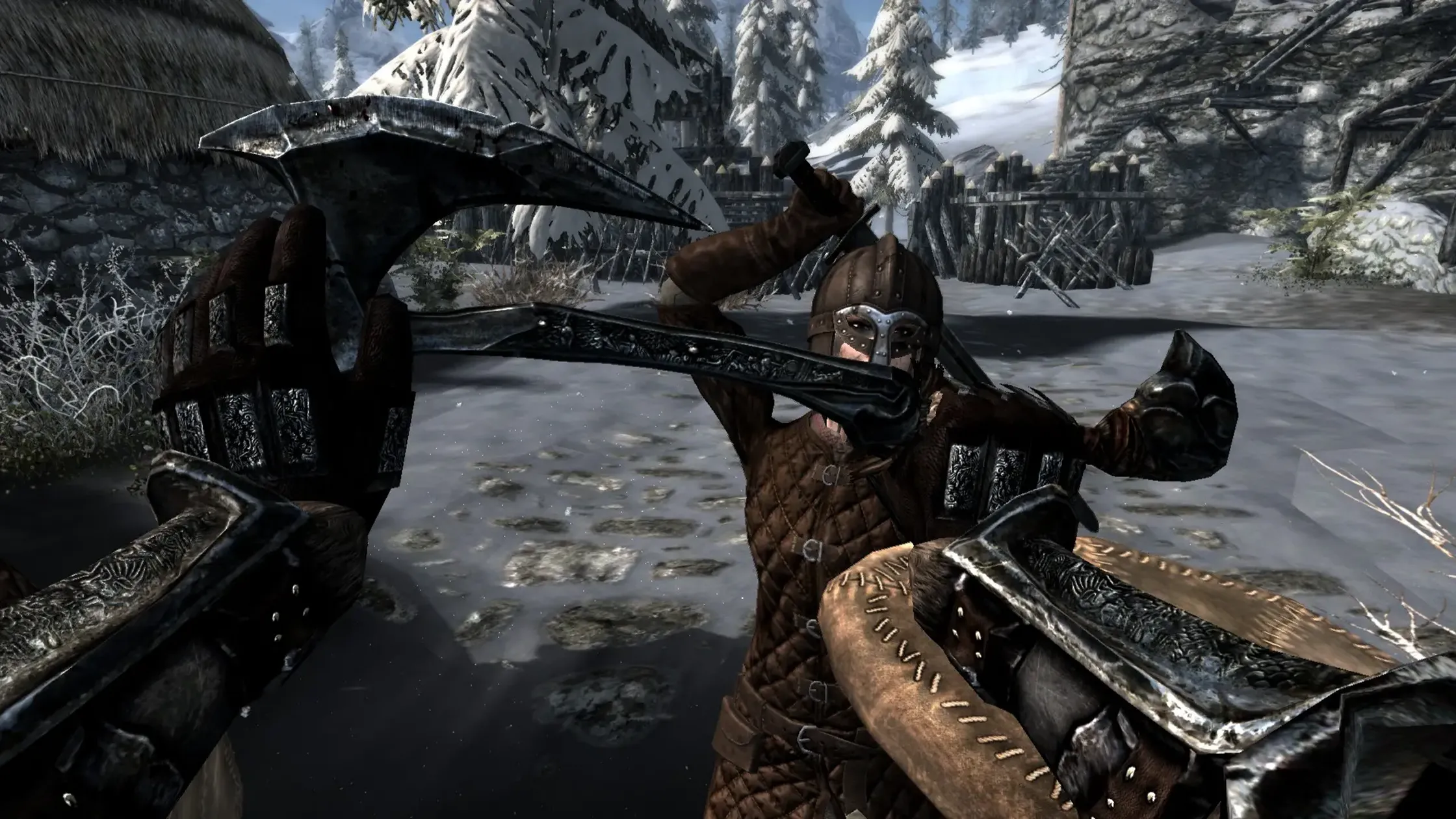 Hiệu ứng hoạt ảnh góc nhìn thứ nhất được cải thiện từ mod Comprehensive First Person Animation Overhaul trong Skyrim, tăng tính chân thực khi chiến đấu.