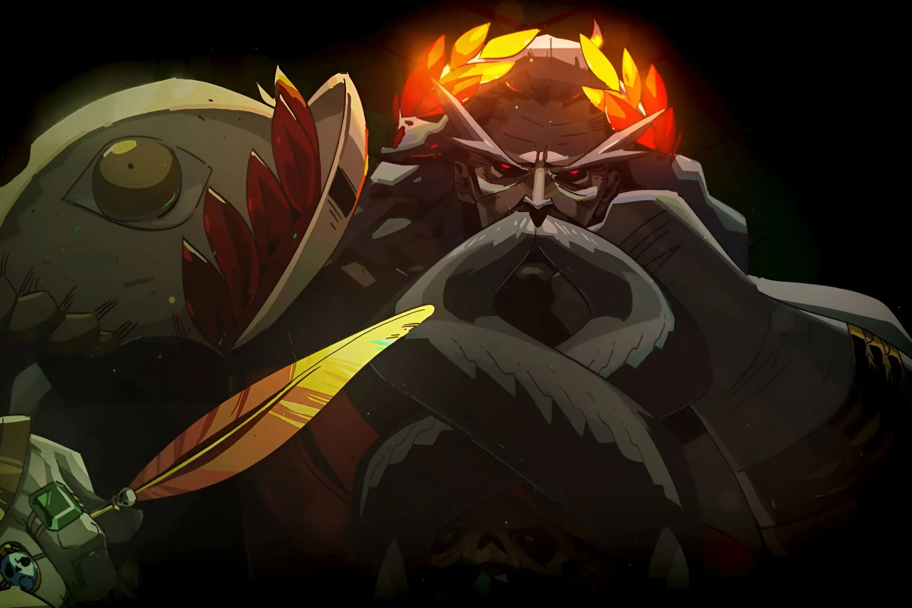 Hình ảnh 2D của Hades, từ game Hades, đang cầm một cây bút lông có lông vàng.
