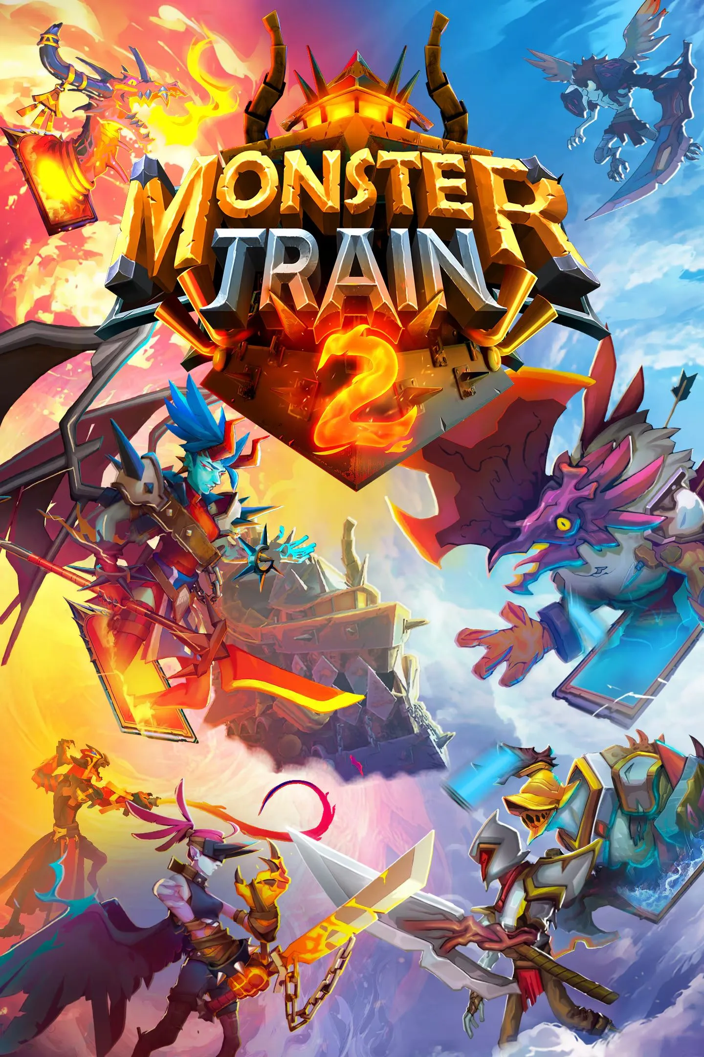 Hình ảnh bao quát của Monster Train 2, với đoàn tàu quái vật tiến lên và các trận chiến diễn ra trên nhiều tầng khác nhau.