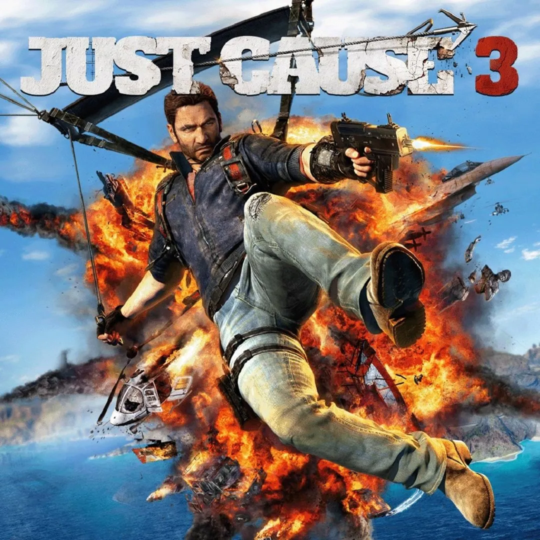 Hình ảnh bìa game Just Cause 3, với nhân vật chính Rico Rodriguez thực hiện những pha hành động cháy nổ.