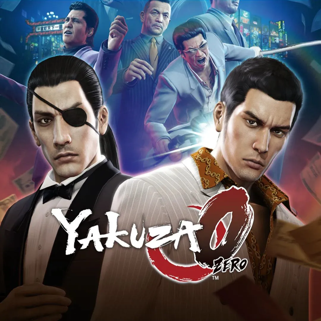 Hình ảnh bìa game Yakuza 0, miêu tả các nhân vật chính trong thế giới ngầm Nhật Bản.