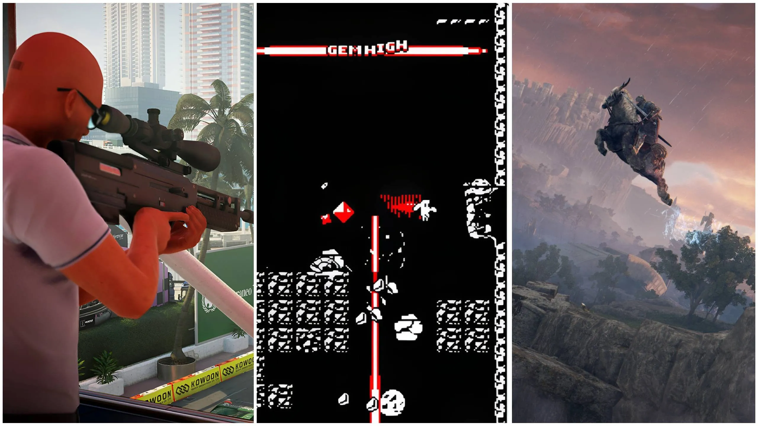 Hình ảnh các nhân vật nổi bật từ những tựa game có khả năng chơi lại cao như Hitman và Elden Ring, đối lập với trải nghiệm đơn điệu của FBC: Firebreak khi chơi một mình