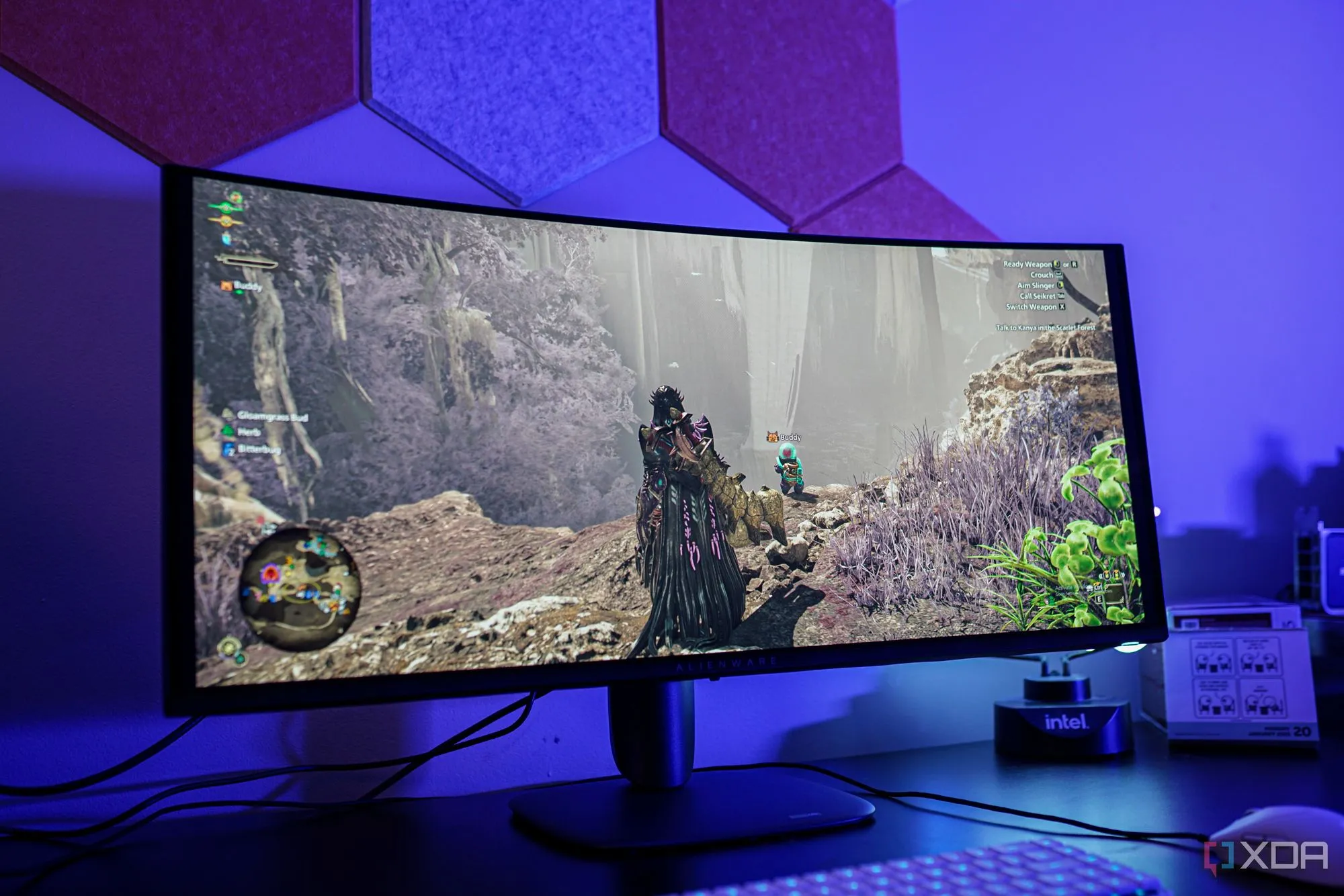 Hình ảnh cận cảnh màn hình Alienware AW3425DW hiển thị game với đồ họa sắc nét