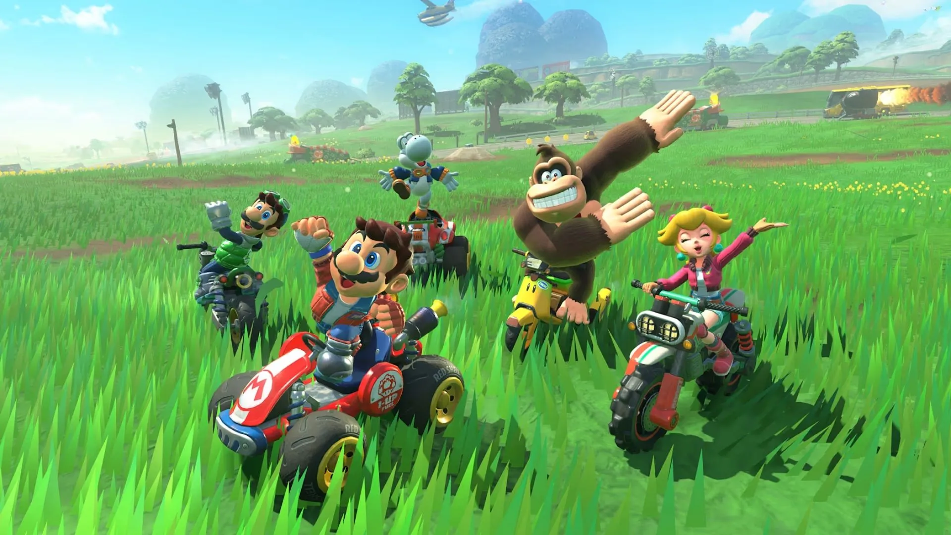 Hình ảnh cận cảnh một nhân vật Mario Kart World đang drift qua khúc cua, cho thấy đồ họa chi tiết và hiệu ứng tốc độ.