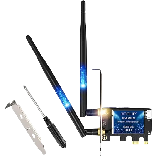 Hình ảnh card WiFi 6E EDUP PCIe với ăng-ten, tích hợp Bluetooth