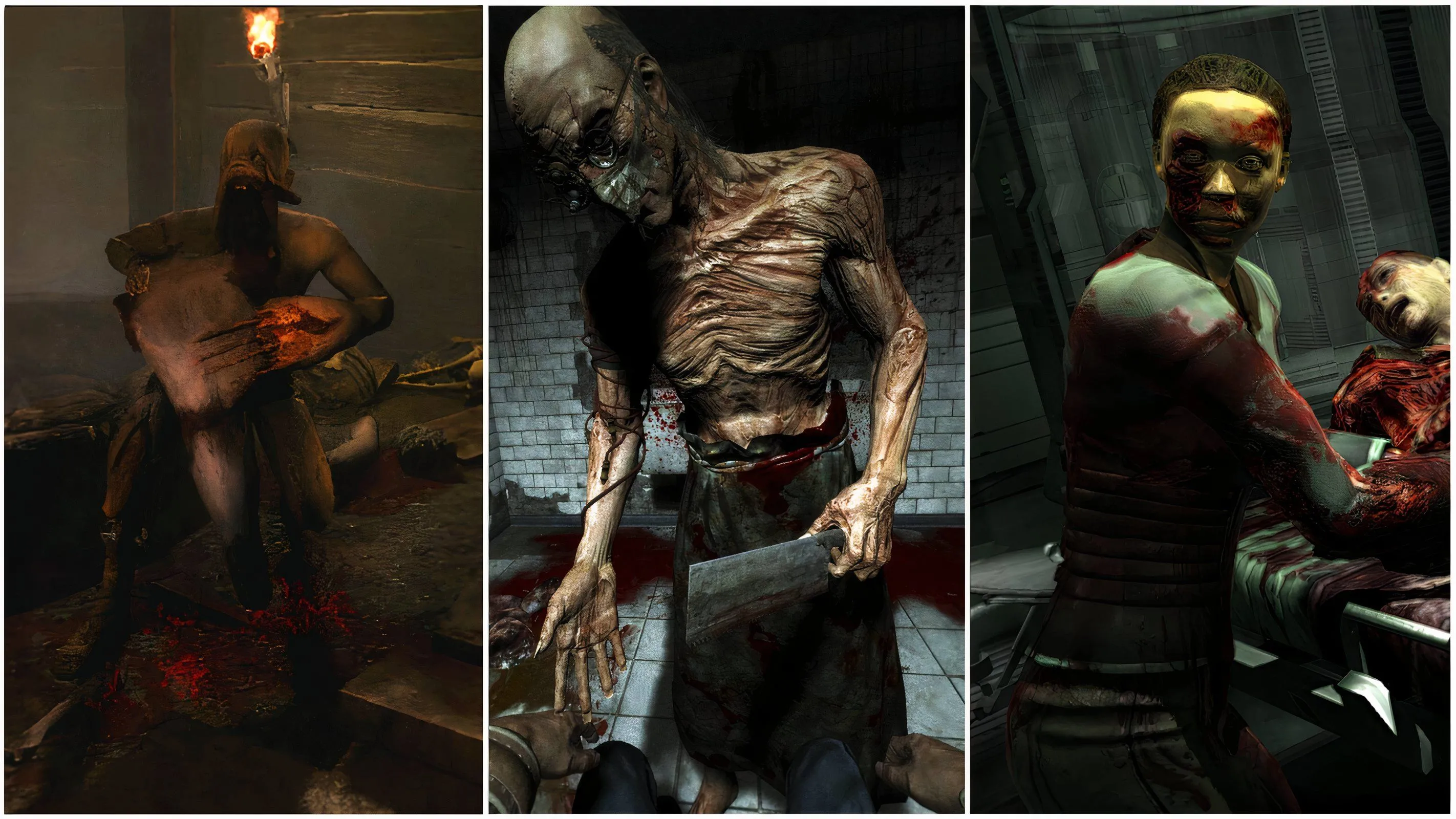Hình ảnh collage tổng hợp ba tựa game kinh dị nổi tiếng: Amnesia, Outlast và Dead Space, thể hiện sự phát triển của thể loại này