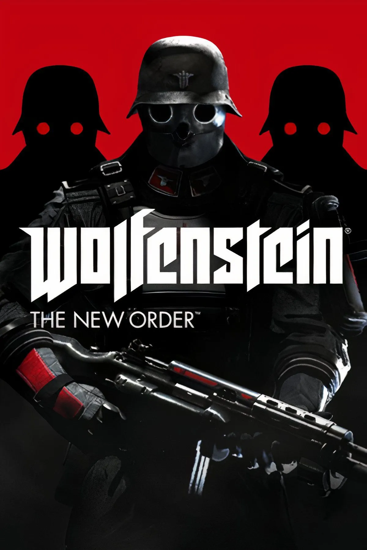 Hình ảnh collage từ game Wolfenstein: The New Order, khắc họa nhân vật BJ Blazkowicz trong một thế giới giả tưởng nơi Đức Quốc xã chiến thắng, chiến đấu chống lại chế độ độc tài.