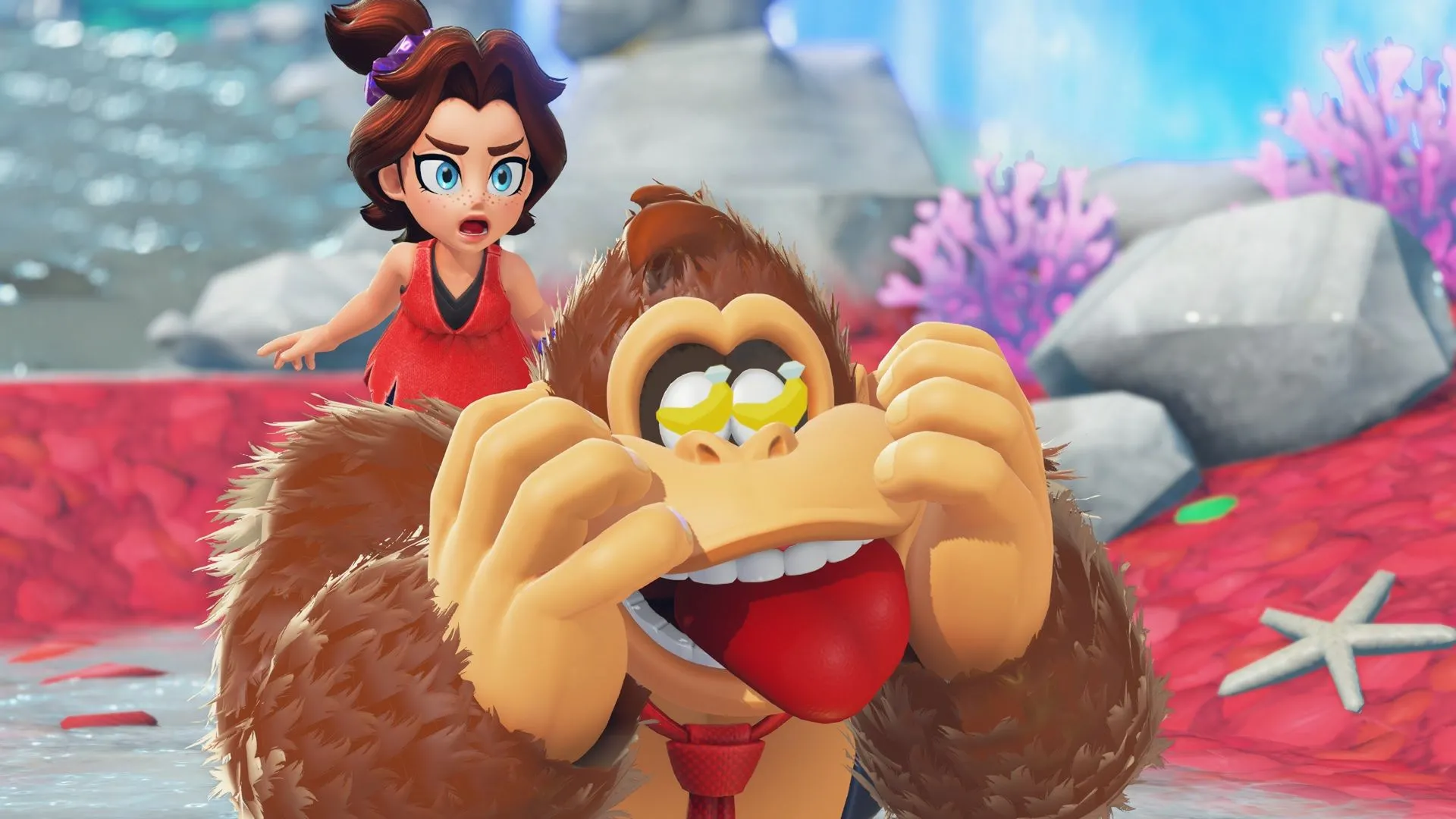 Hình ảnh gameplay đầy màu sắc từ Donkey Kong Bananza, cho thấy môi trường game và nhân vật