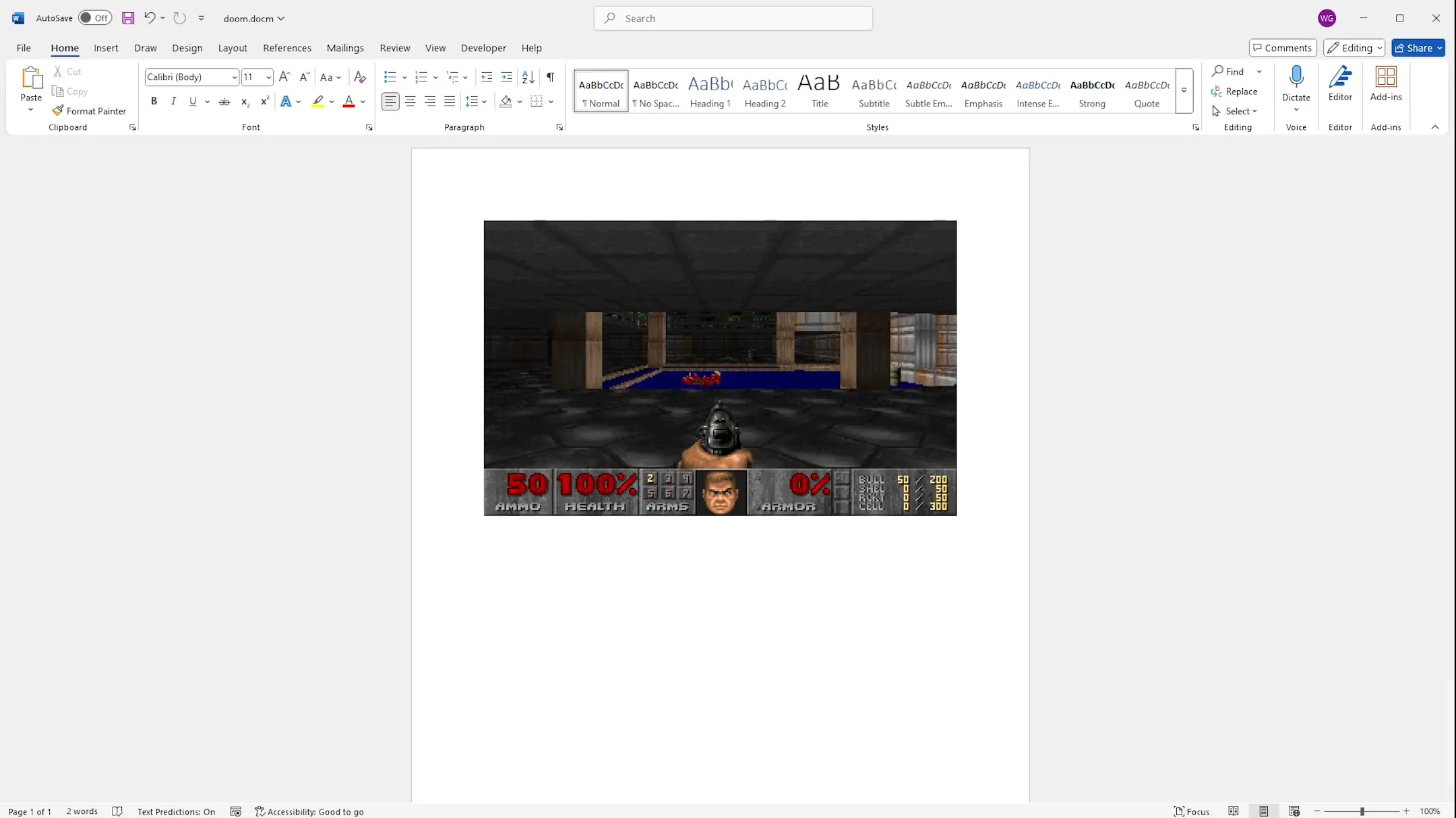 Hình ảnh gameplay game Doom được tái hiện trong giao diện của Microsoft Word, minh họa sự đa năng của tựa game này.