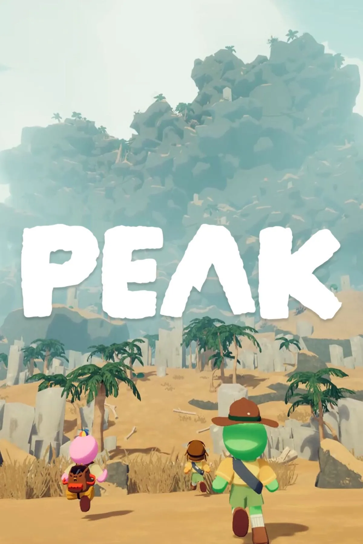 Hình ảnh gameplay game PEAK, cho thấy hai người chơi đang leo núi hiểm trở với sợi dây liên kết.