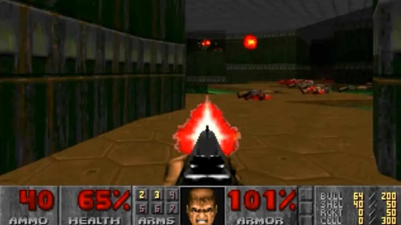 Hình ảnh gameplay kinh điển của dòng game Doom, thể hiện góc nhìn thứ nhất và môi trường chiến đấu đầy kịch tính.