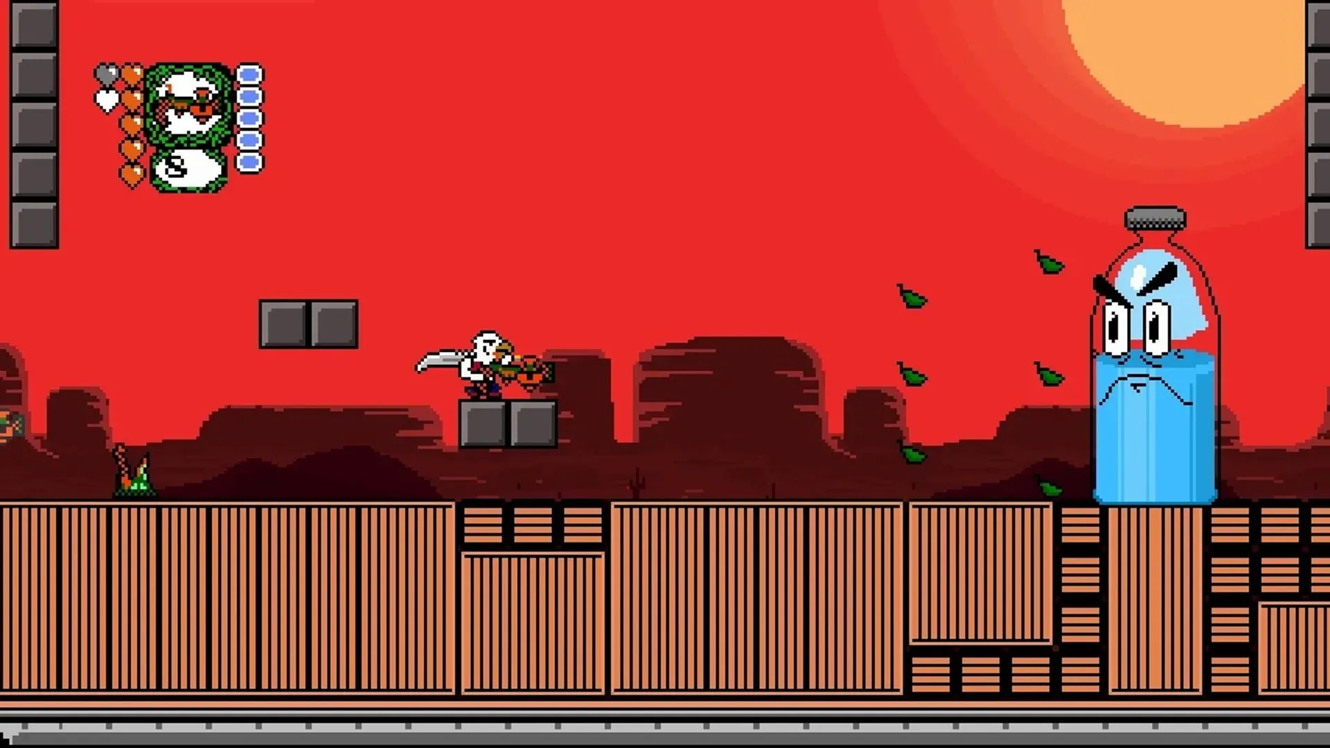 Hình ảnh gameplay Revenge of the Bird King trên PS Vita, với nhân vật Dwanye - người hùng nửa người nửa chim - chiến đấu trong thế giới Gunworld đầy súng đạn.