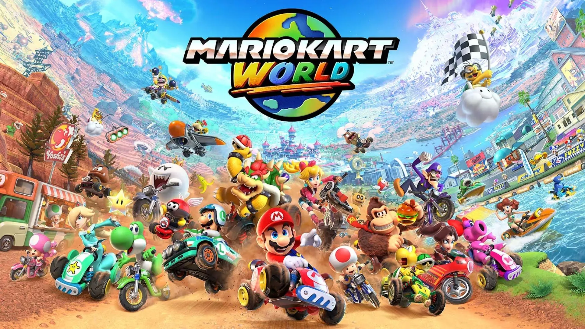 Hình ảnh in-game Mario Kart World, một chiếc xe đua đang lướt trên đường ray đặc trưng, thể hiện tính năng rail grinding mới.