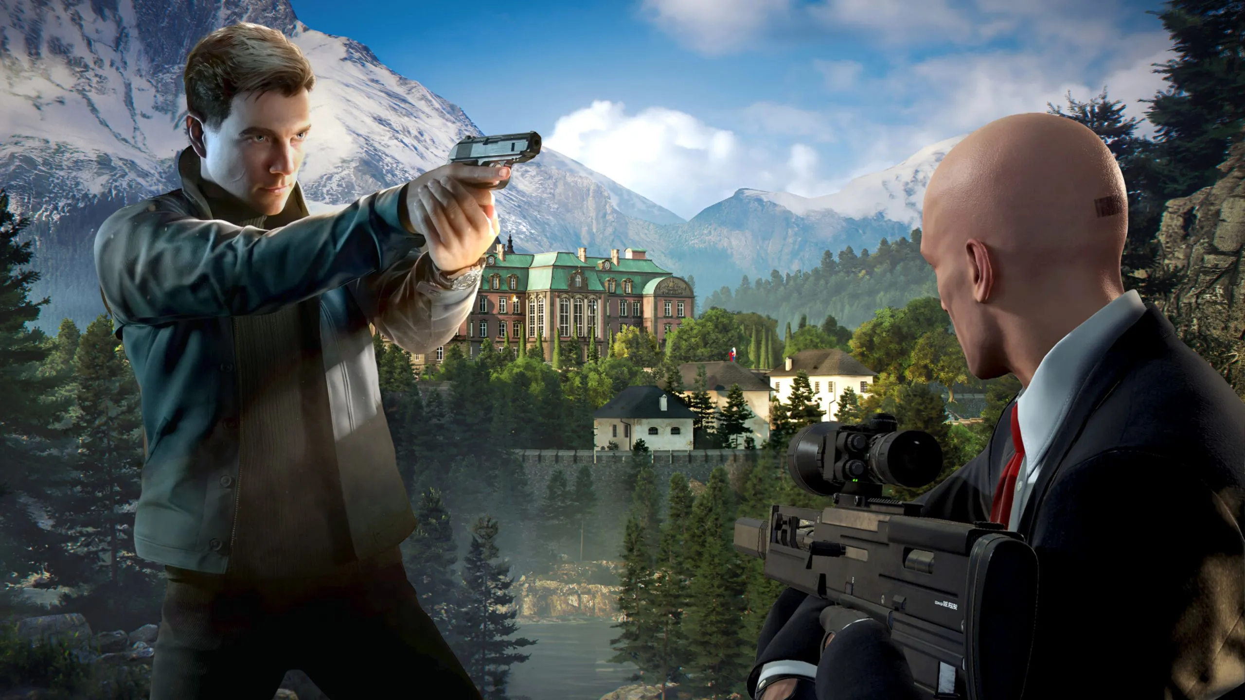 Hình ảnh James Bond và Agent 47 trên nền xanh mát, đại diện cho những tựa game hành động điệp viên kinh điển như GoldenEye