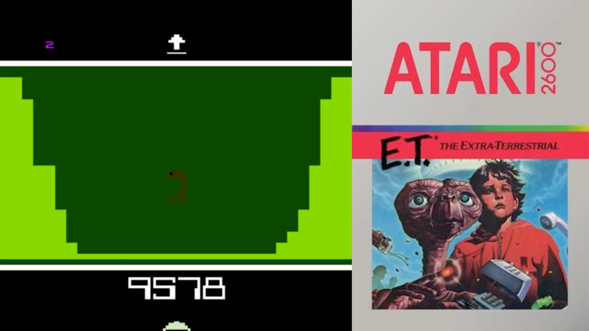 Hình ảnh màn hình và bìa game E.T. The Extra-Terrestrial trên Atari 2600, được xem là nguyên nhân dẫn đến khủng hoảng ngành game năm 1983.