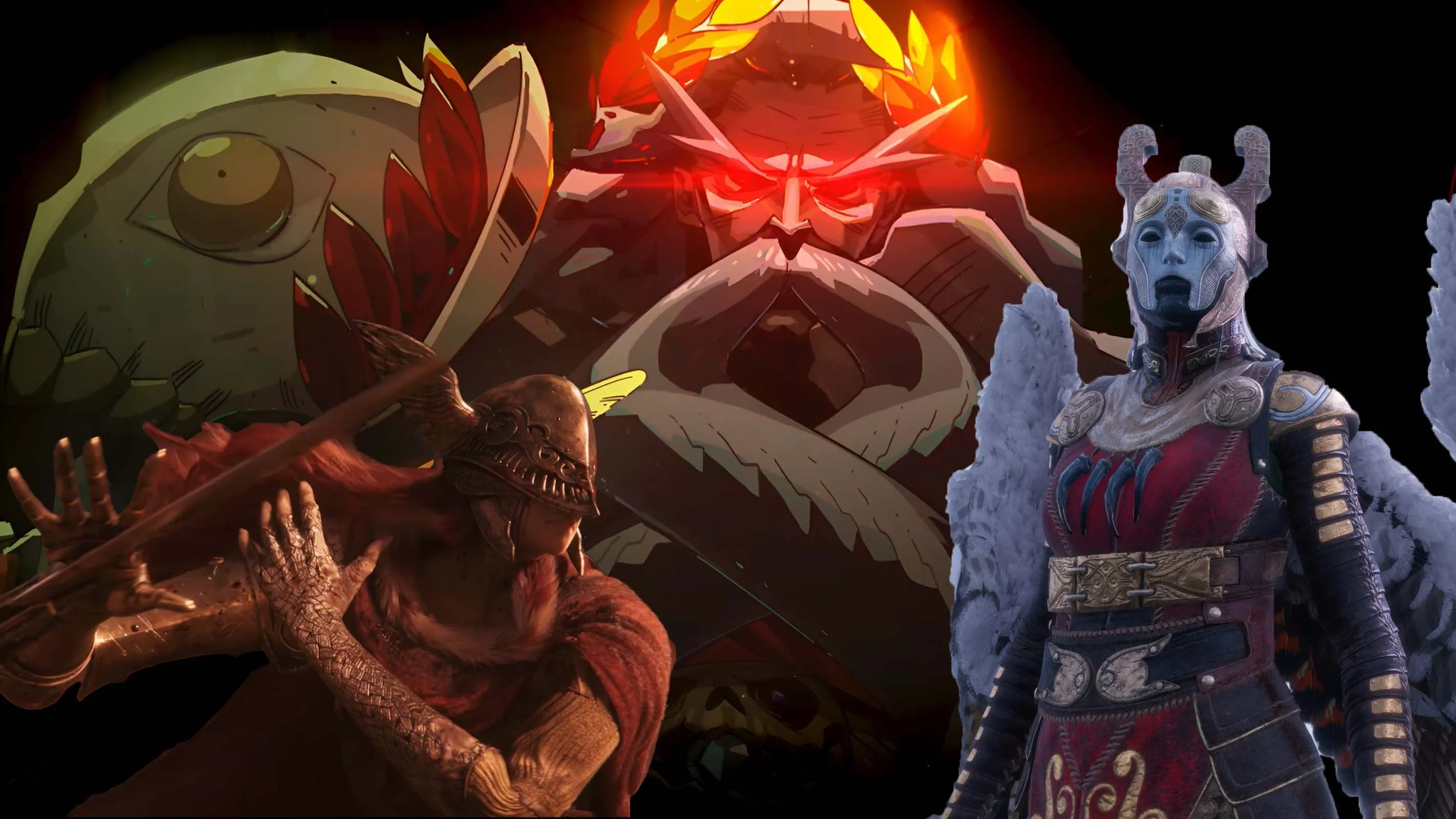 Hình ảnh minh họa các trùm game khó nhất như Malenia từ Elden Ring, Hades từ Hades, và Sigrun từ God of War, tượng trưng cho những thử thách đòi hỏi kỹ năng cao trong game mà Rematch cũng vô tình tạo ra.