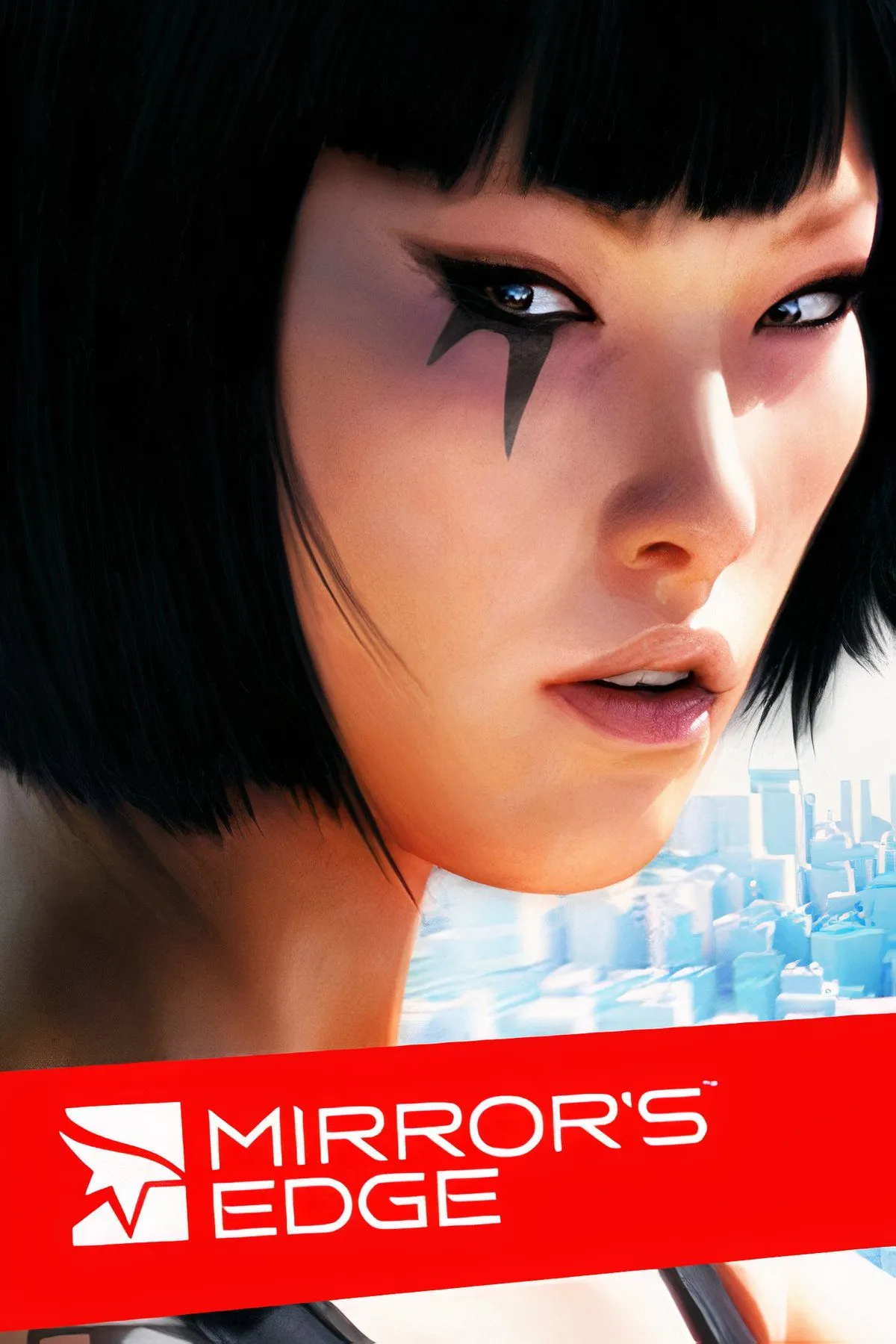 Hình ảnh minh họa cảnh parkour trong game Mirror's Edge, với nhân vật chính đang chạy trên các tòa nhà cao tầng màu trắng, nhấn nhá bằng màu đỏ.