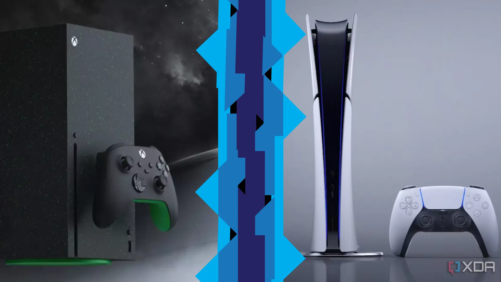 Hình ảnh minh họa máy chơi game Xbox và PlayStation đứng cạnh nhau, đại diện cho các nền tảng giải trí công nghệ.
