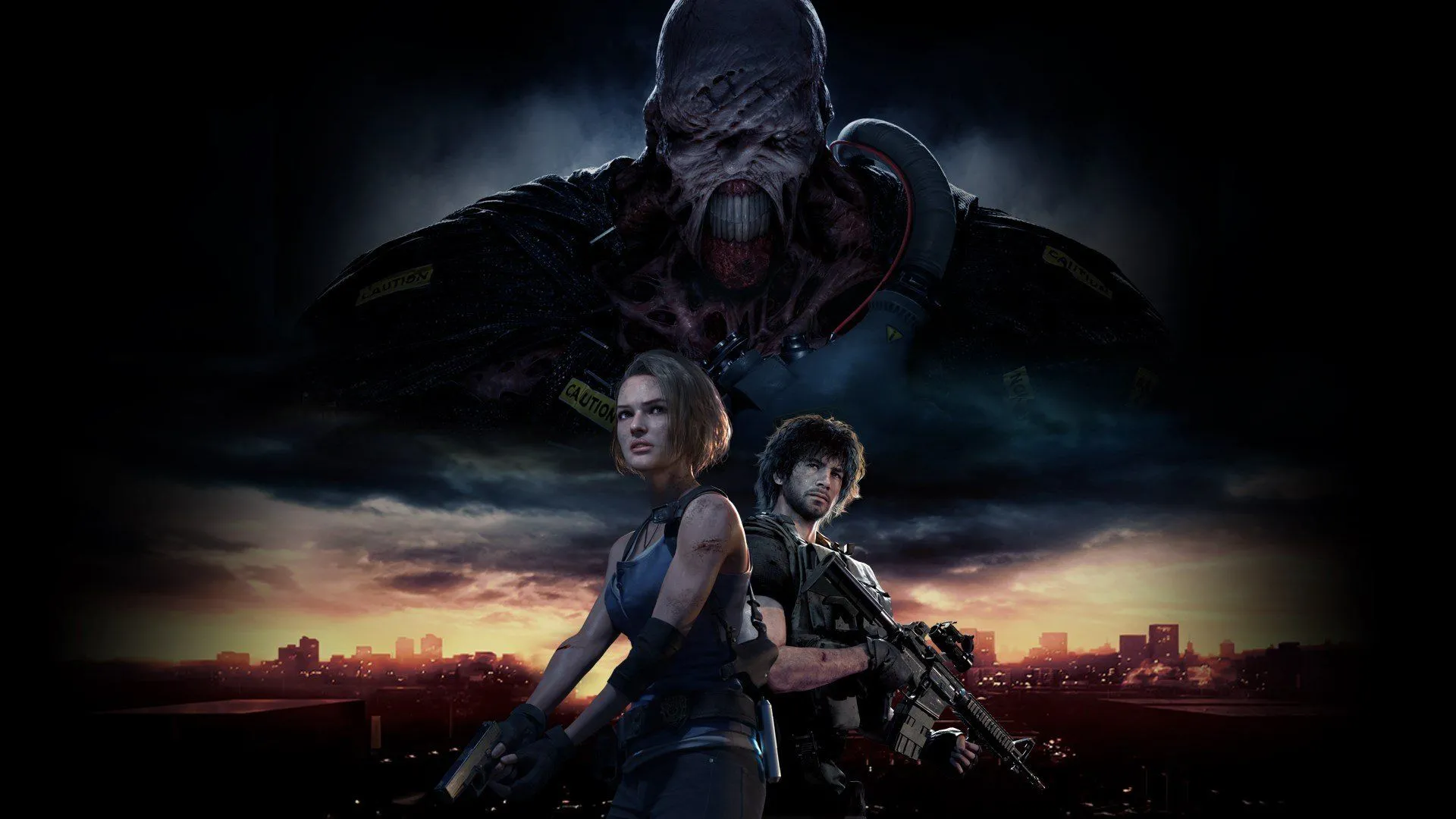 Hình ảnh nghệ thuật của game Resident Evil 3 Remake với quái vật Nemesis khổng lồ bao trùm hai nhân vật chính