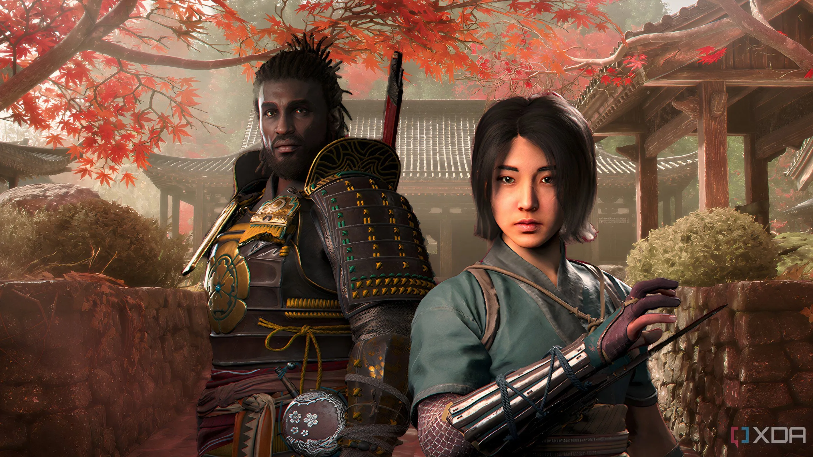 Hình ảnh nhân vật Fujibayashi Naoe và Yasuke trong bối cảnh kiến trúc Nhật Bản với cây cối đỏ