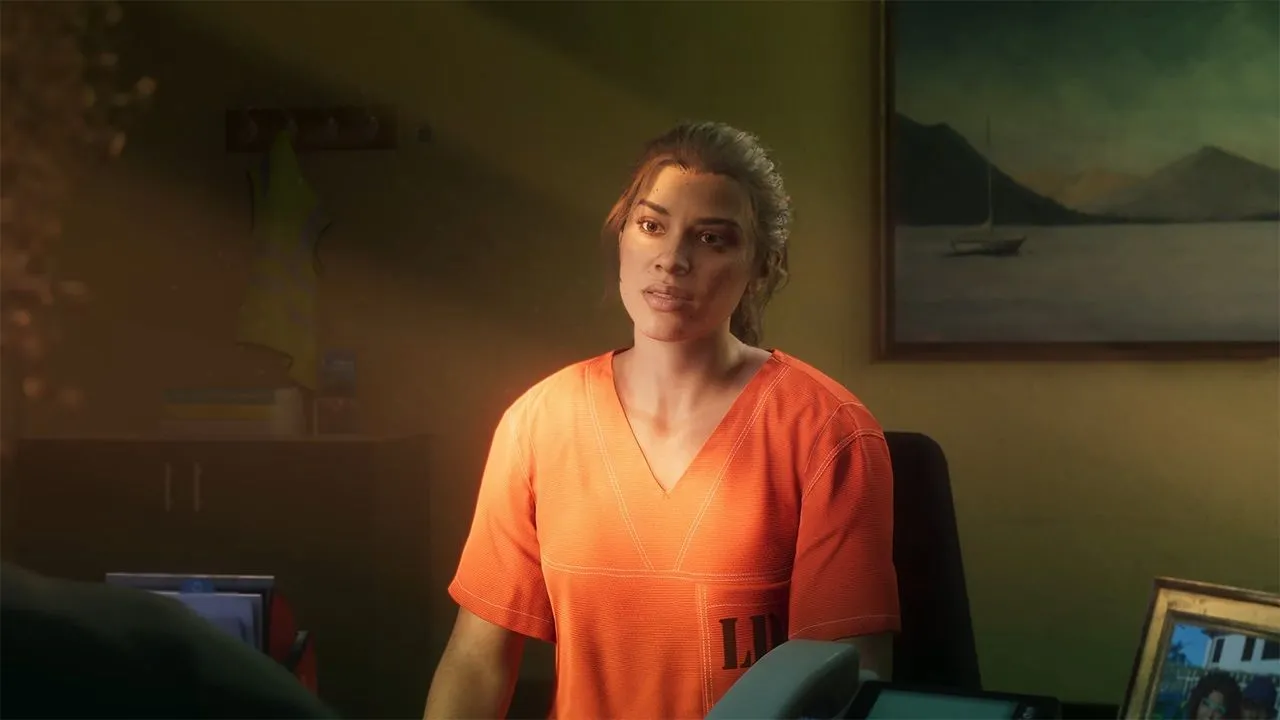 Hình ảnh nhân vật nữ trong bộ đồ tù từ game Grand Theft Auto VI, minh họa đồ họa chi tiết và chân thực của các tựa game thế hệ console mới.