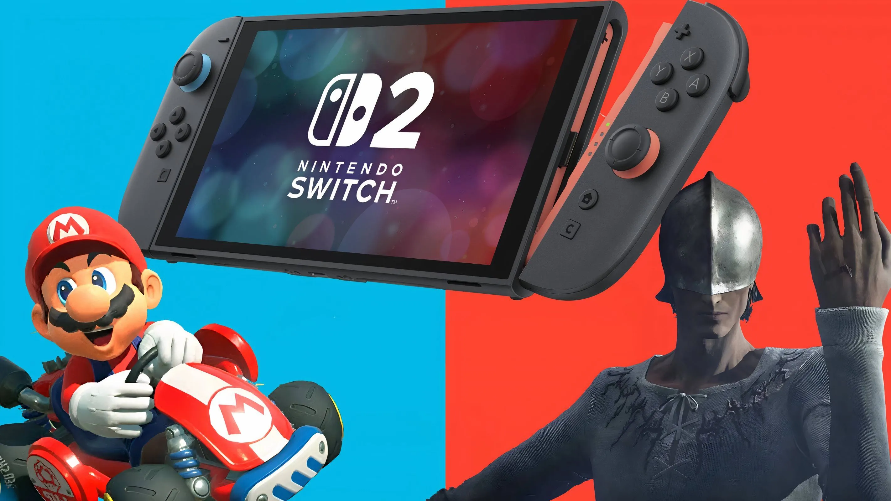 Hình ảnh Nintendo Switch 2 cùng Mario và một nhân vật từ The Duskbloods, thể hiện sự phát triển của công nghệ game và các nền tảng mới, đối lập với game retro.
